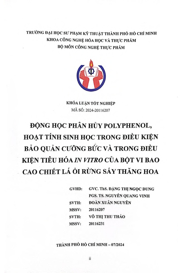 Đồ án tốt nghiệp - Động học phân hủy polyphenol, hoạt tính sinh học trong ĐKBQCBVTĐKTHIVCBVBCCLỔRSTH
