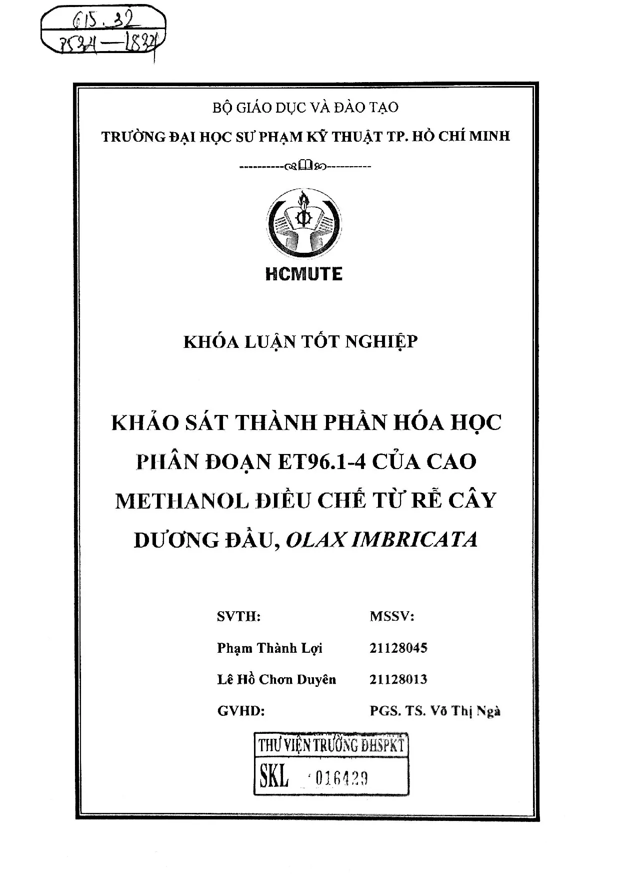 Đồ án tốt nghiệp - Khảo sát thành phần hóa học phân đoạn ET96.1 - 4 của cao Methanol điều chế TRCDĐO