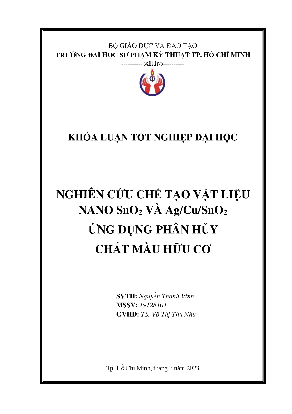 Đồ án tốt nghiệp - Nghiên cứu chế tạo vật liệu nano SnO2 và Ag/Cu/SnO2 ứng dụng phân hủy chất màu HC