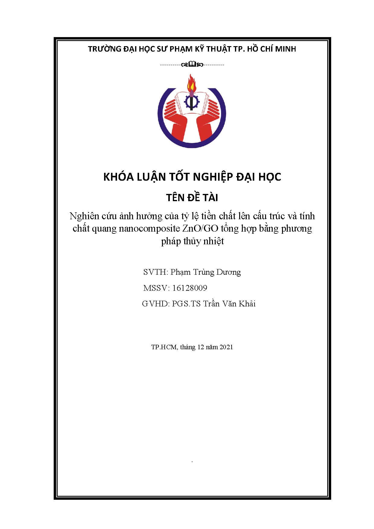 Đồ án tốt nghiệp - Nghiên cứu ảnh hưởng của tỷ lệ tiền chất lên cấu trúc và tính chất QNZTHBPPTN