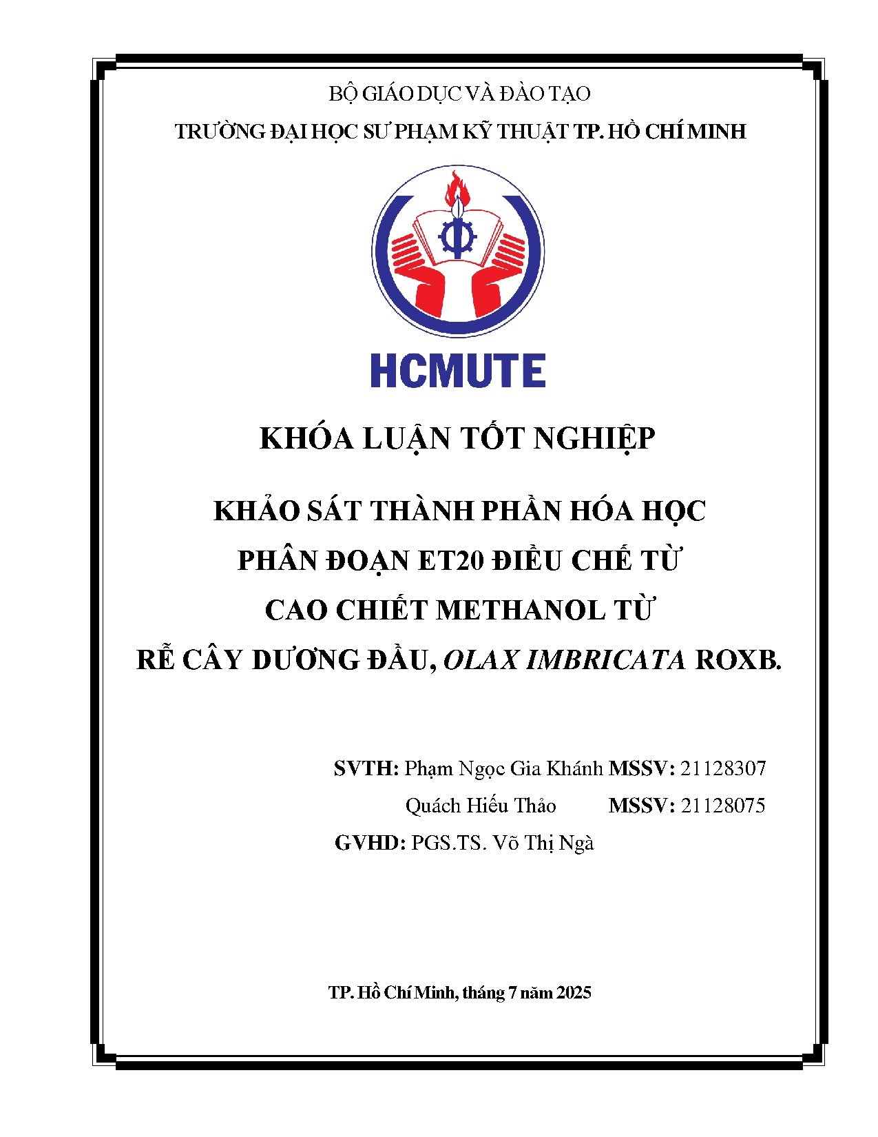 Đồ án tốt nghiệp - Khảo sát thành phần hóa học phân đoạn ET20 điều chế từ cao thiết MTRCDĐOIR