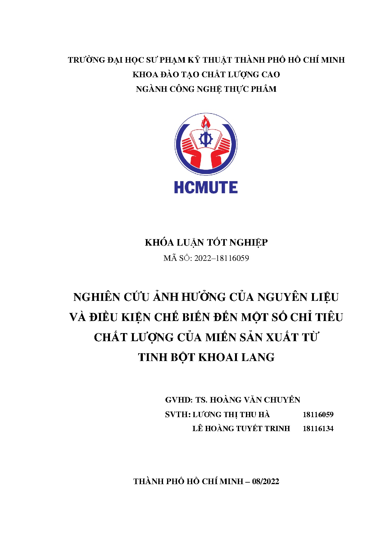 Đồ án tốt nghiệp - Nghiên cứu ảnh hưởng của nguyên liệu và điều kiện chế biến đến một SCTCLCMSXTTBKL