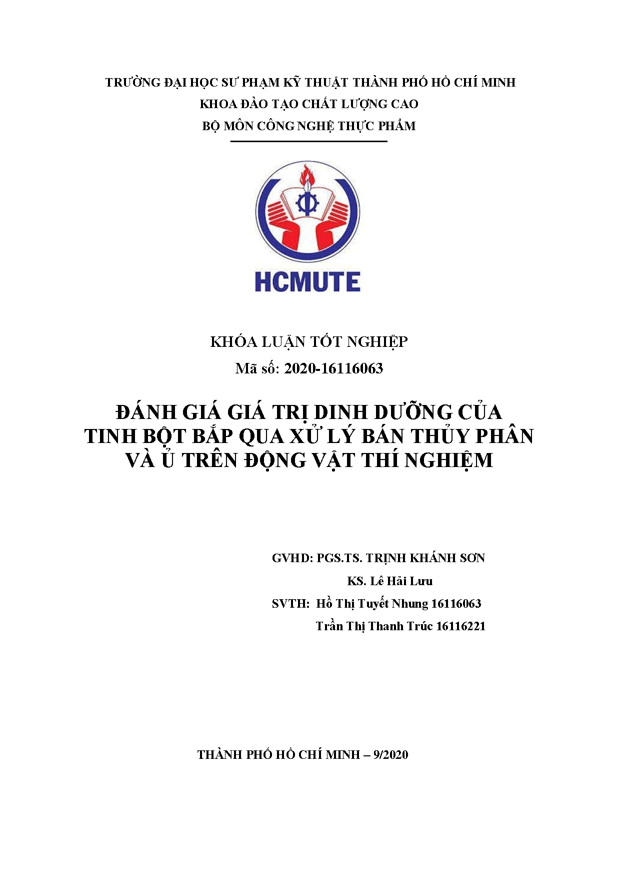 Đồ án tốt nghiệp - Đánh giá giá trị dinh dưỡng của tinh bột bắp qua xử lý bán thủy phân và ủ TĐVTN