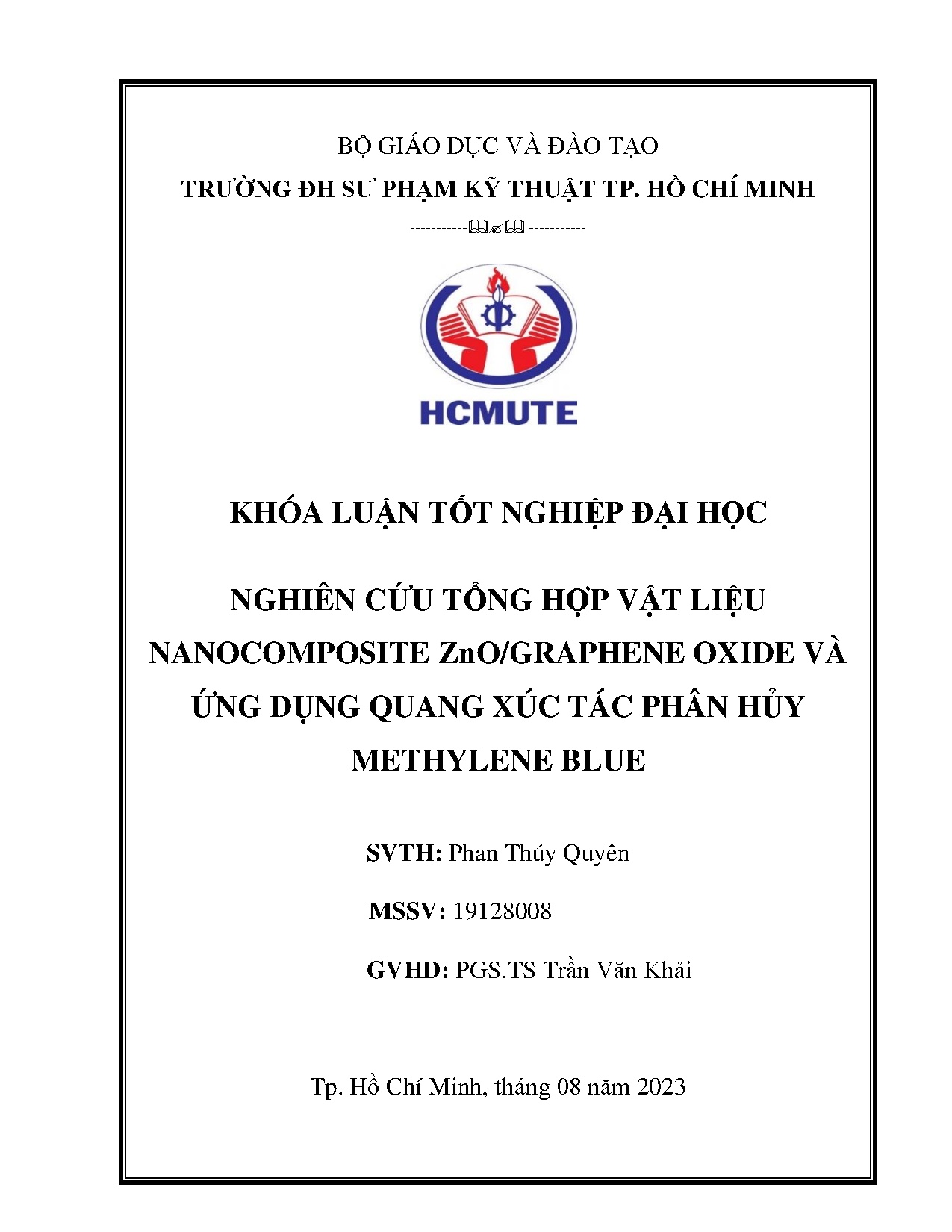 Đồ án tốt nghiệp - Nghiên cứu tổng hợp vật liệu Nanocomposite ZnO/Graphene Oxide và ứng dụng QXTPHMB