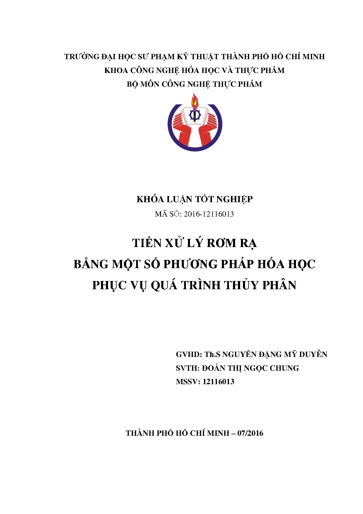 Đồ án tốt nghiệp - Tiền xử lý rơm rạ bằng một số phương pháp hóa học phục vụ quá trình thủy phân