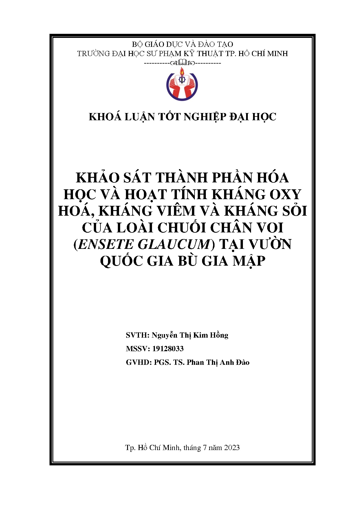 Đồ án tốt nghiệp - Khảo sát thành phần hóa học và hoạt tính kháng oxy hóa, kháng VVKSCLCCVGTVQGBGM