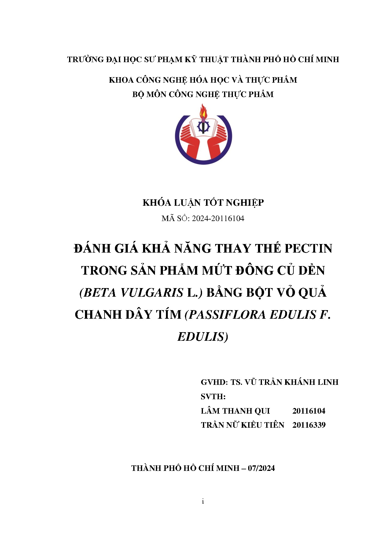 Đồ án tốt nghiệp - Đánh giá khả năng thay thế pectin trong sản phẩm mứt đông củ D ( VLBBVQCDT ( EFE