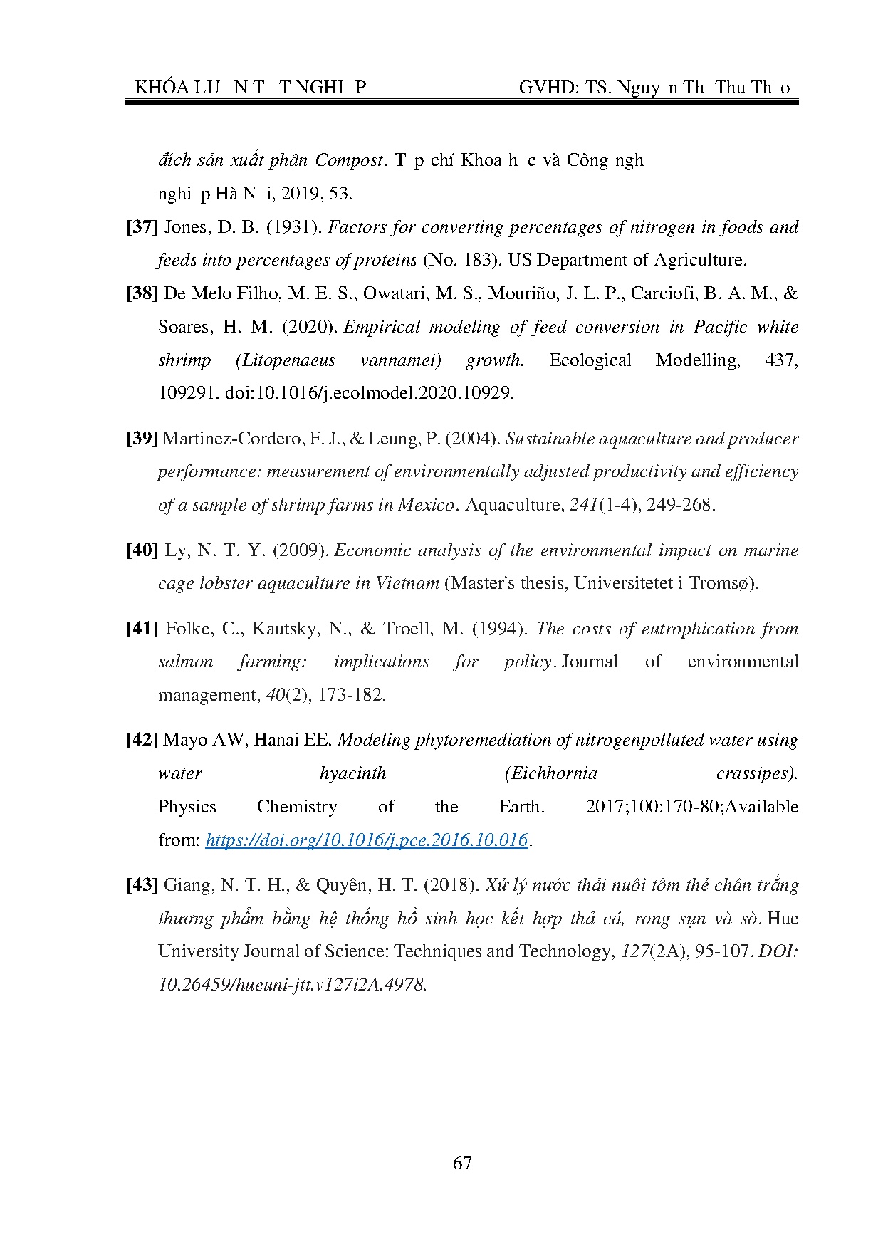 Đồ án tốt nghiệp - Đánh giá hiệu quả môi trường và kinh tế trong cân bằng Nitơ của HTNTSTCQMN ở TBT - Trang 87