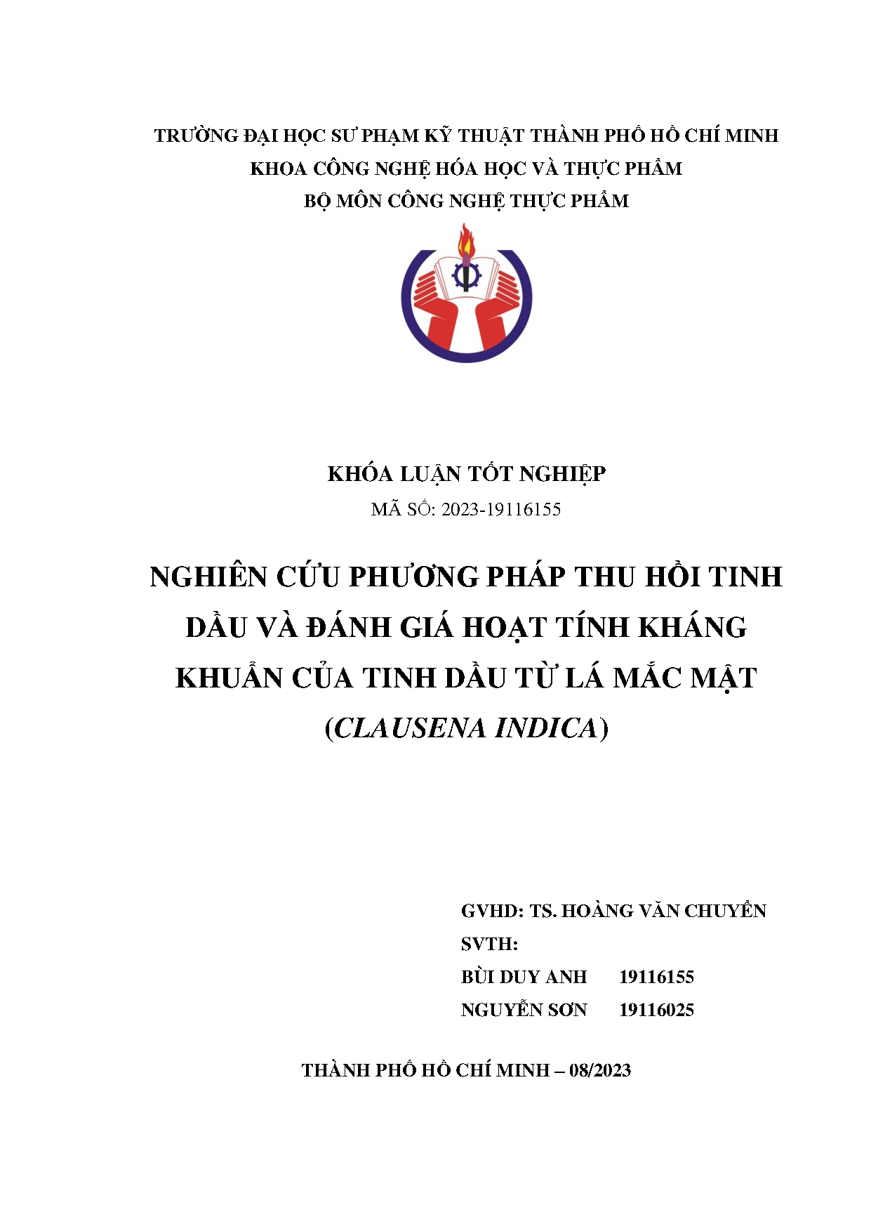 Đồ án tốt nghiệp - Nghiên cứu phương pháp thu hồi tinh dầu và đánh giá hoạt tính kháng KCTDTLMM ( I