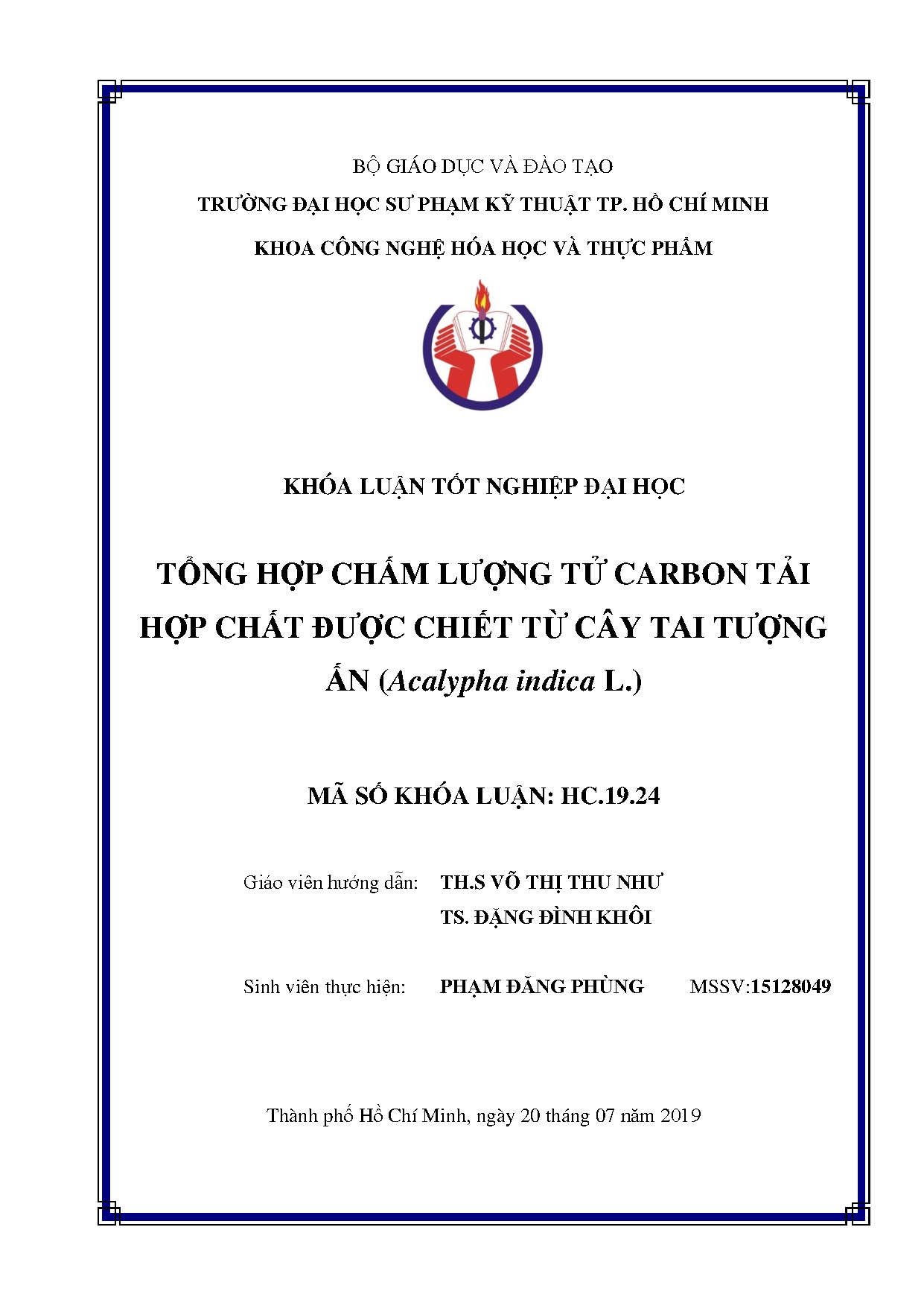 Đồ án tốt nghiệp - Tổng hợp chấm lượng tử Carbon tải hợp chất được chiết từ cây tai tượng Ấn ( IL