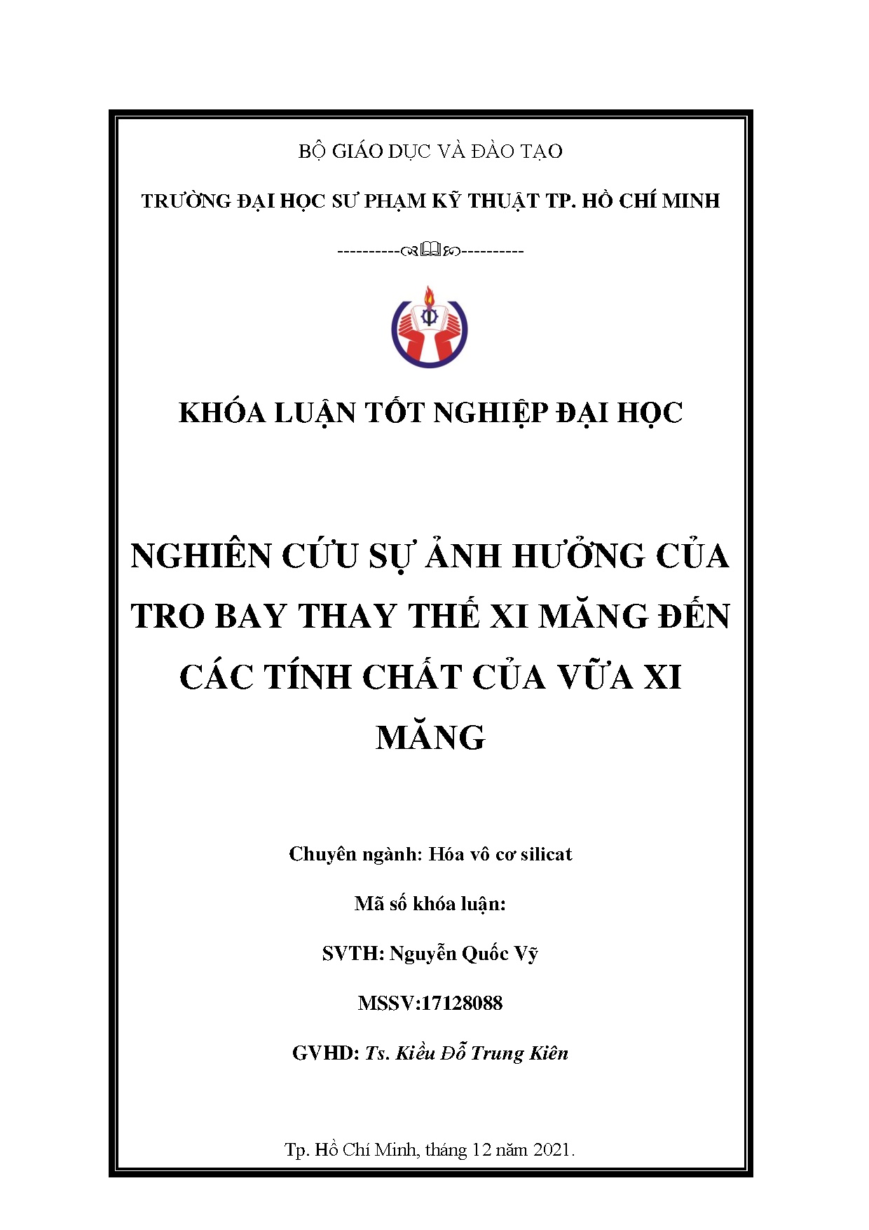 Đồ án tốt nghiệp - Nghiên cứu sự ảnh hưởng của tro bay thay thế xi măng đến các tính chất của vữa XM