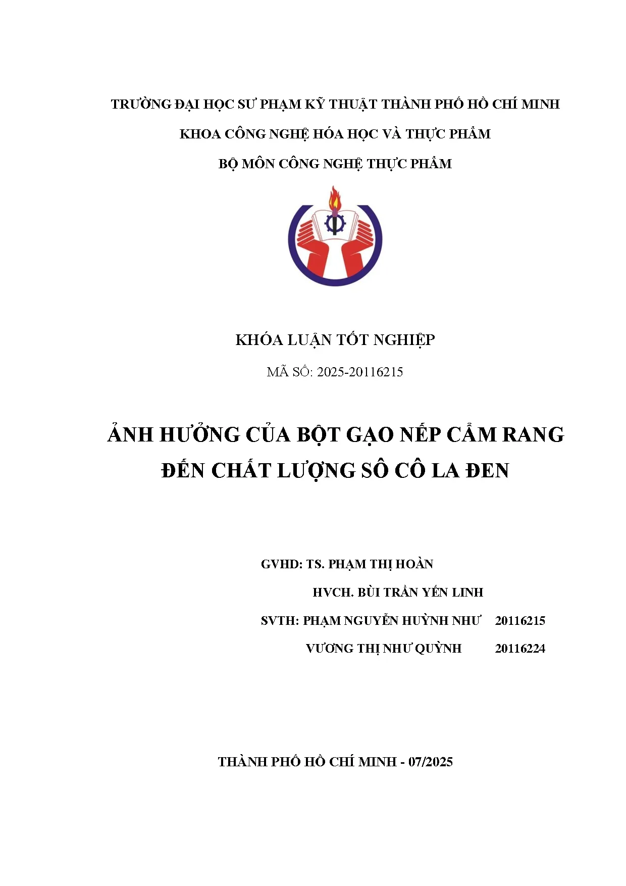 Đồ án tốt nghiệp - Ảnh hưởng của bột gạo nếp cẩm rang đến chất lượng Sô cô la đen