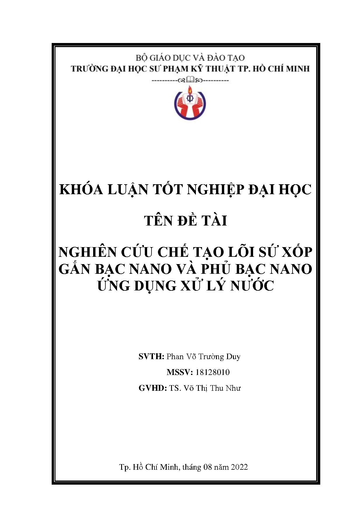 Đồ án tốt nghiệp - Nghiên cứu chế tạo lõi sứ xốp gắn bạc nano và phủ bạc nano ứng dụng xử lý nước