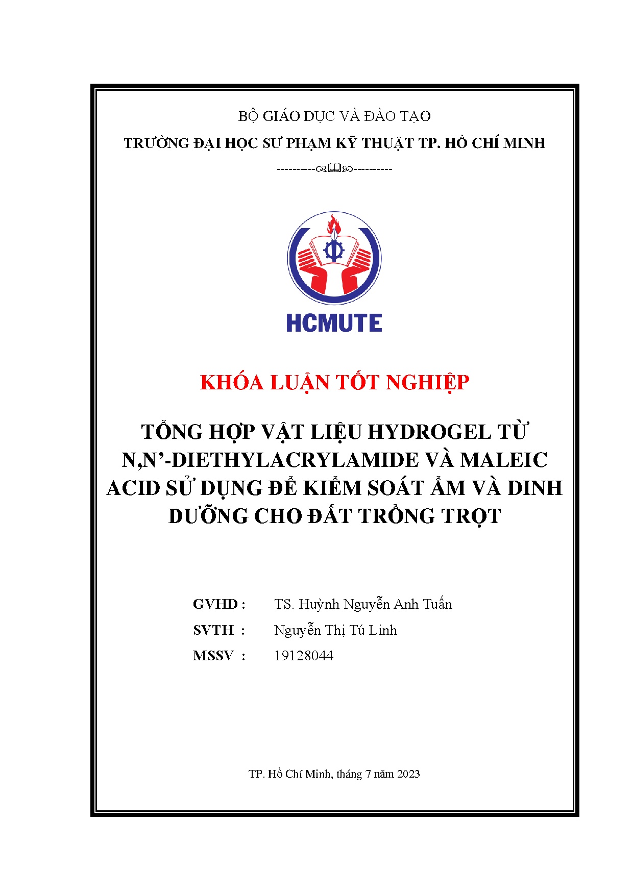 Đồ án tốt nghiệp - Tổng hợp vật liệu hydrogel từ N,N’-Diethylacrylamide va maleic acid SDĐKSẨVDDCĐTT