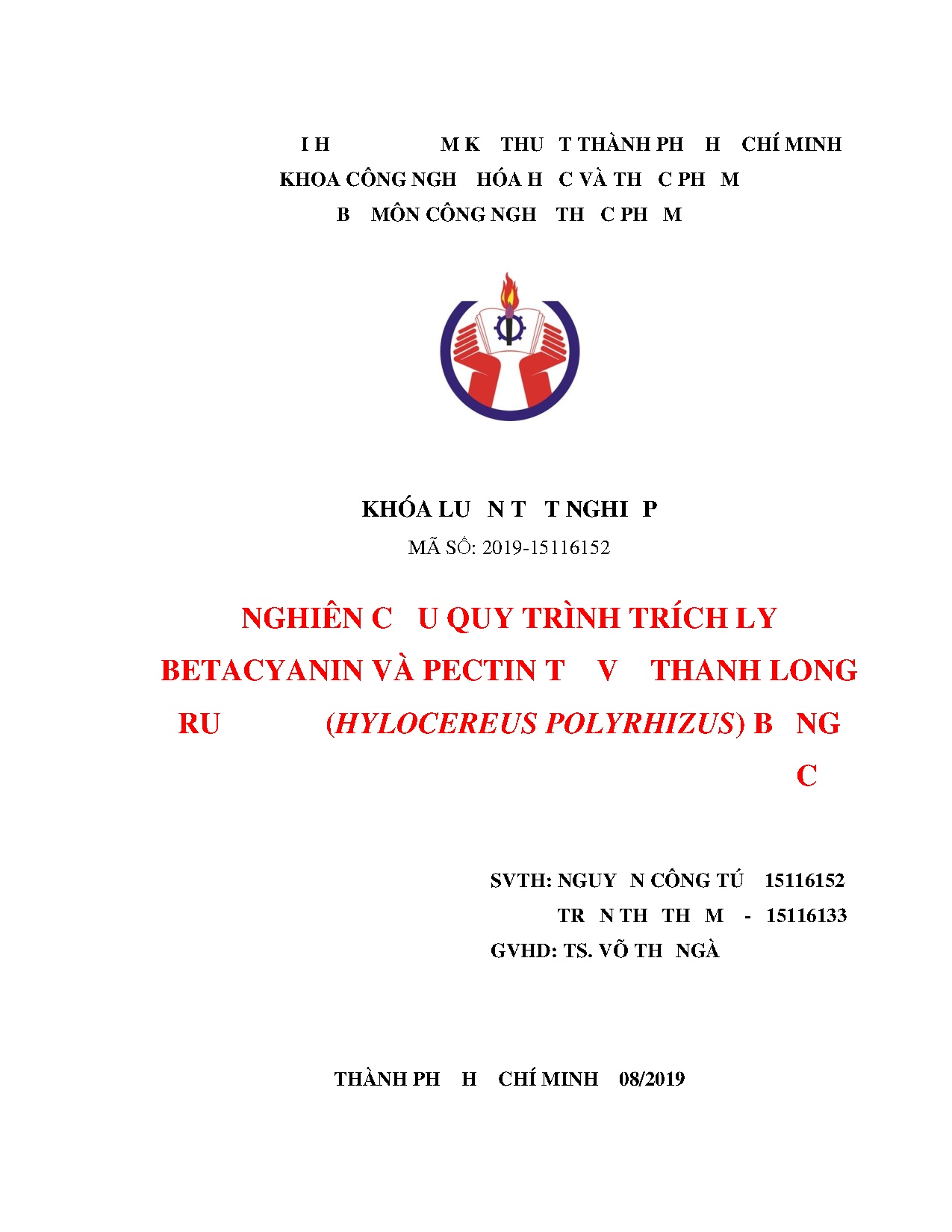 Đồ án tốt nghiệp - Nghiên cứu quy trình trích ly Betacyanin và pectin từ vỏ thanh LRĐ ( PBPPTLHPN