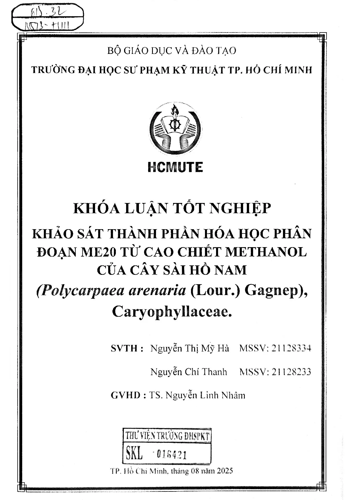 Đồ án tốt nghiệp - Khảo sát thành phần hóa học phân đoạn Me20 từ cao chiết methanol CCSHN ( A ( GC