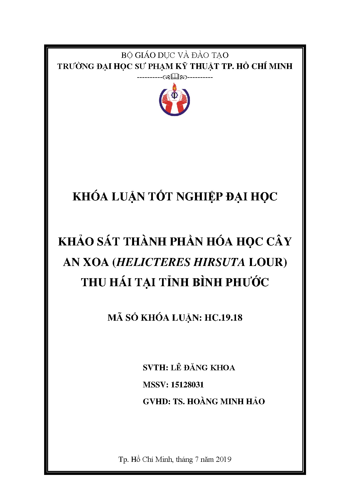 Đồ án tốt nghiệp - Khảo sát thành phần hóa học cây an xoa (Helicteres Hirsuta Lour) thu hái tại TBP