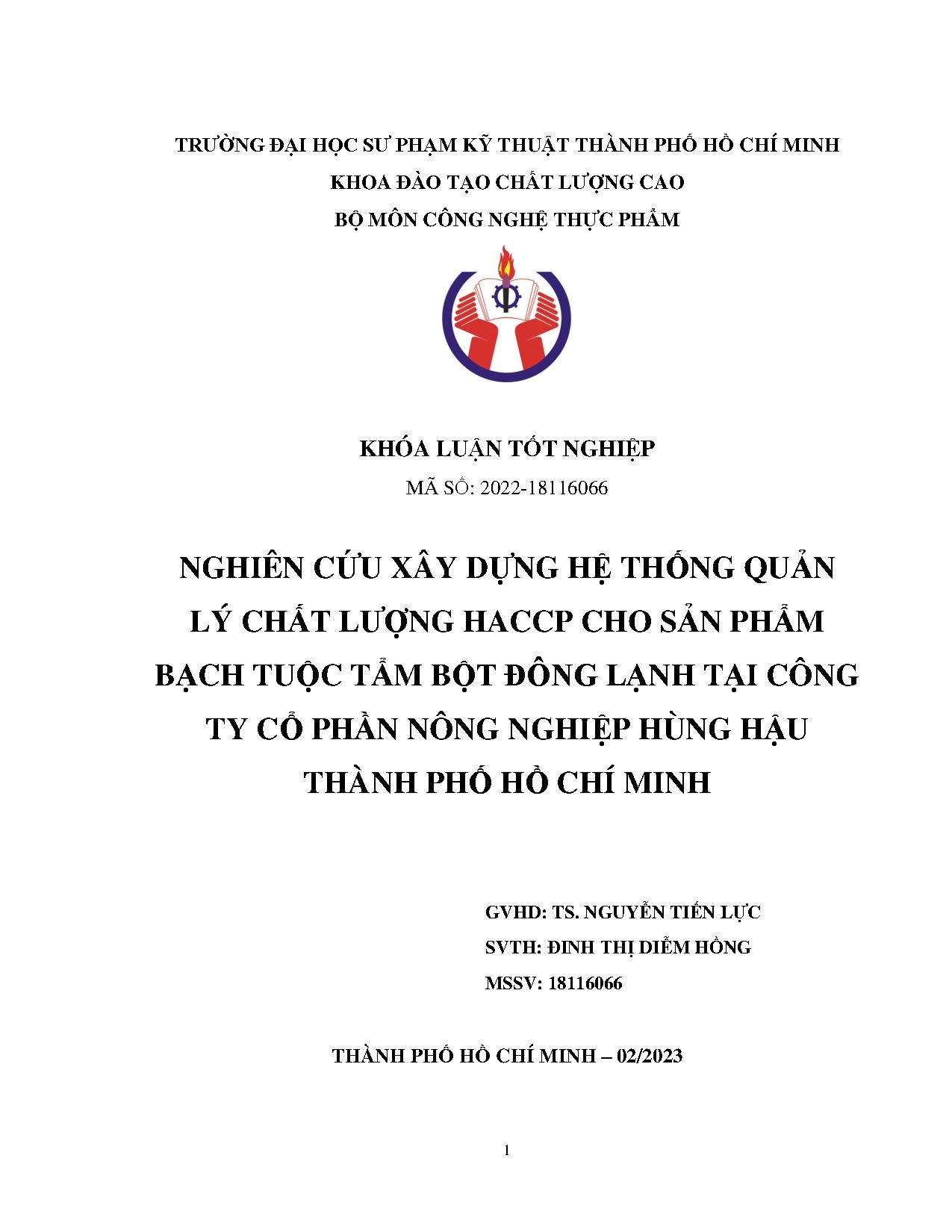 Đồ án tốt nghiệp - Nghiên cứu xây dựng hệ thống quản lý chất lượng Haccp cho SPBTTBĐLTCTCPNNHHTPHCM