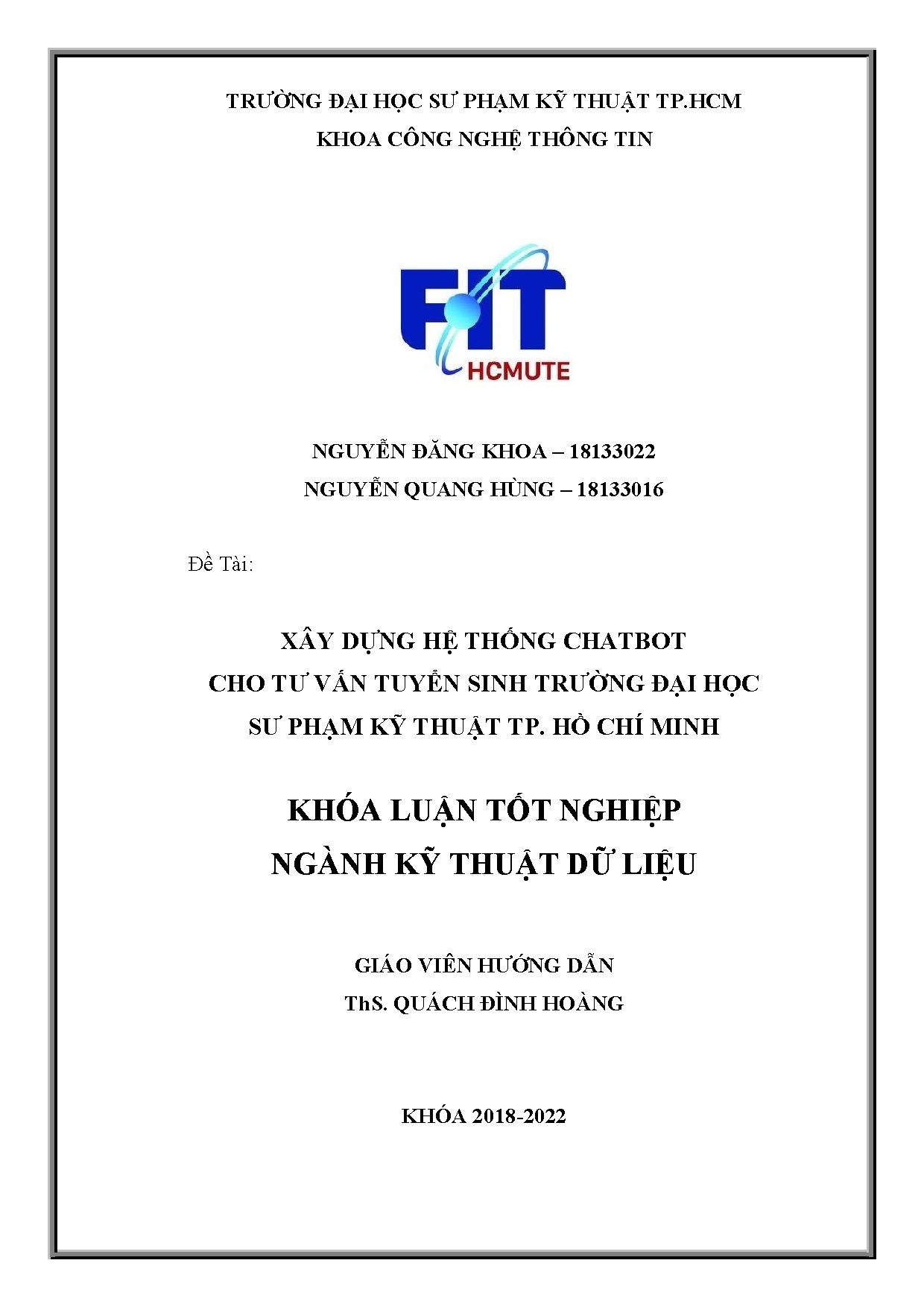 Đồ án tốt nghiệp - Xây dựng hệ thống Chatbot cho tư vấn tuyển sinh Trường Đại học Sư PKTTĐÁTNNCNTT