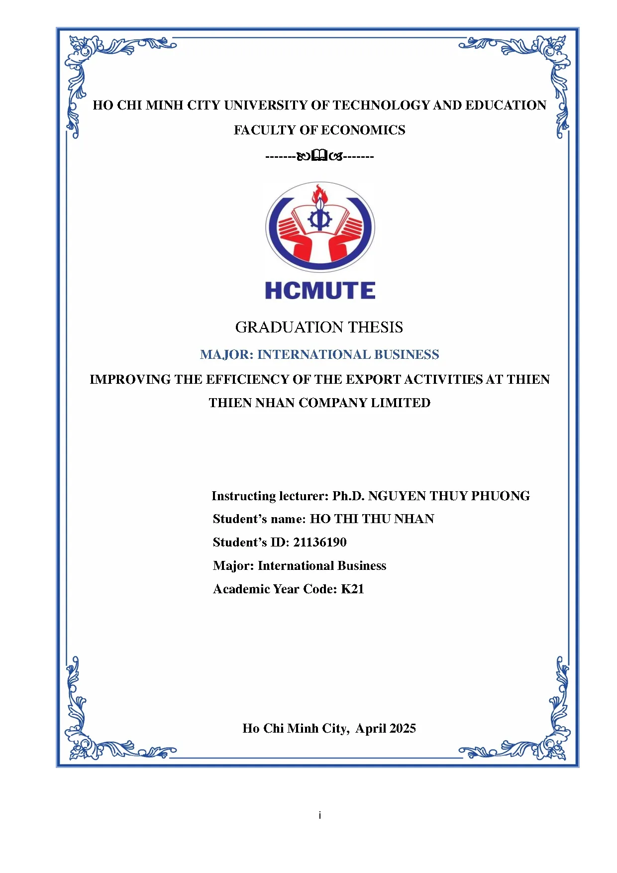 Đồ án tốt nghiệp - Improving the efficiency of the export activities at Thien Thien Nhan Company L