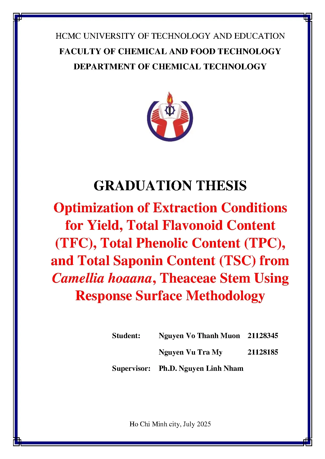 Đồ án tốt nghiệp - Optimization Of Extraction Conditions For Yield, TFC ( TPC ( ATSC ( FCHTSURSM
