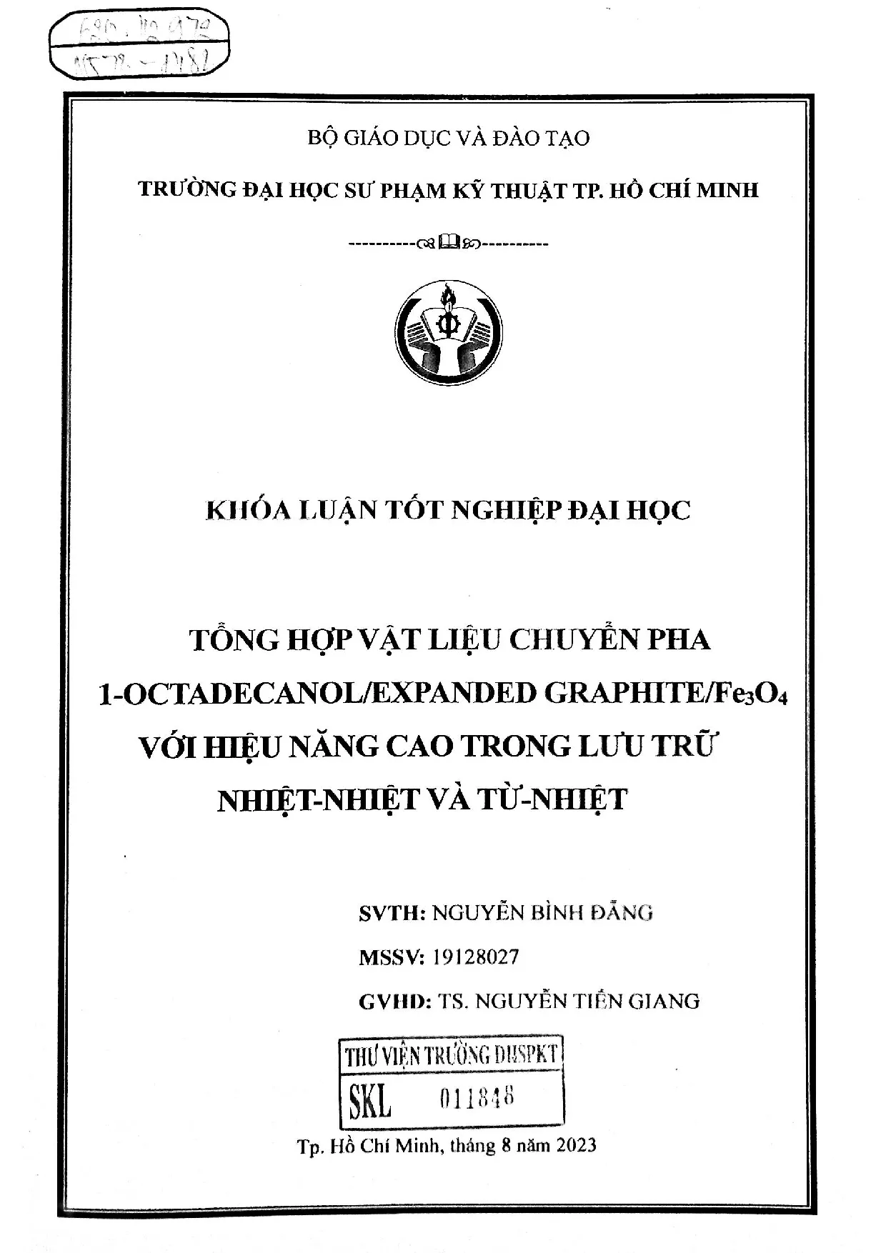 Đồ án tốt nghiệp - Tổng hợp vật liệu chuyển pha 1-Octadecanol/Expanded Graphite/Fe304 với HNCTLTNVT