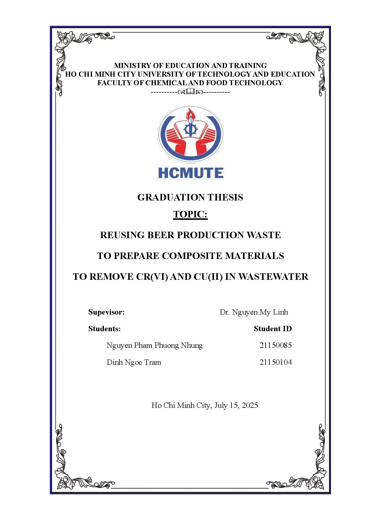 Đồ án tốt nghiệp - Reusing beer production waste to prepare composite materials to remove CACIW