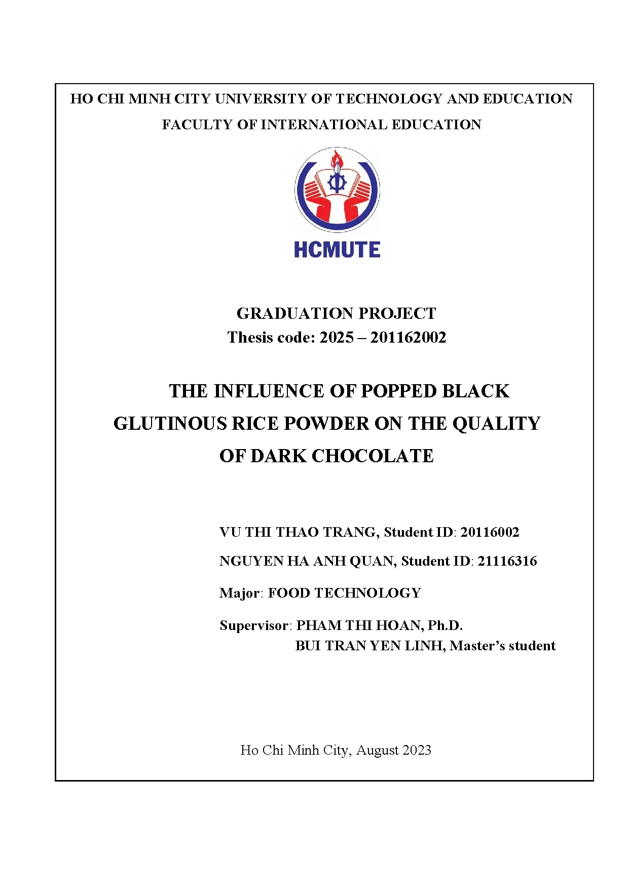 Đồ án tốt nghiệp - The influence of popped black gulutinous rice powder on the quality of dark C