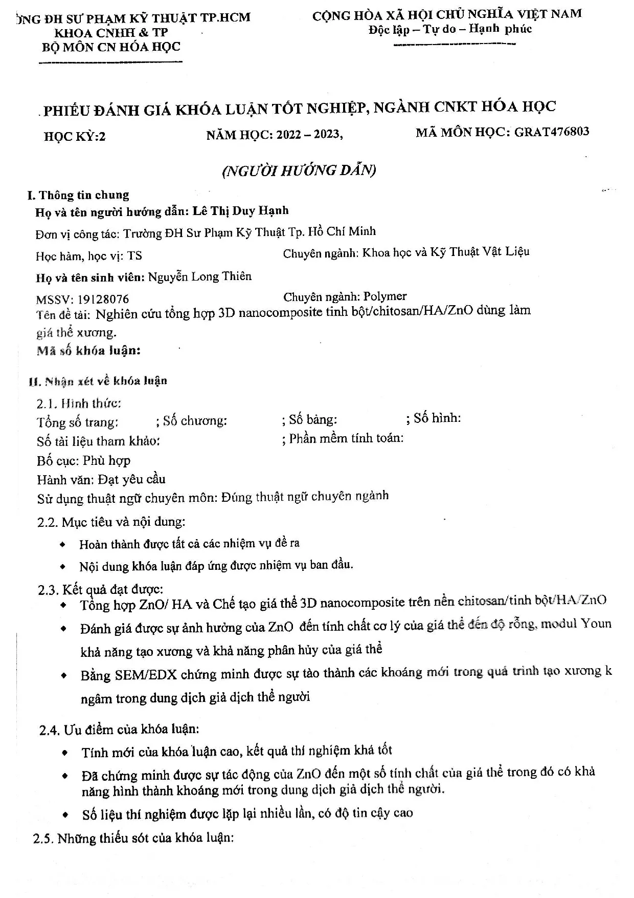 Đồ án tốt nghiệp - Nghiên cứu tổng hợp 3D nanocomposite tinh bột/chitosan/HA/ZnO dùng làm giá thể X - Trang 2