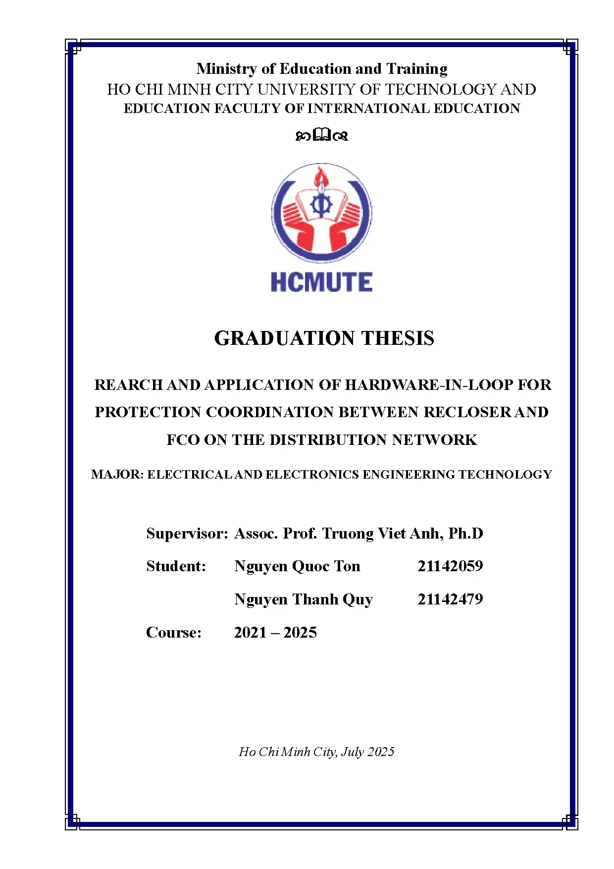 Đồ án tốt nghiệp - Rearch and application of hardware-in-loop for protection coordination BRAFOTDN