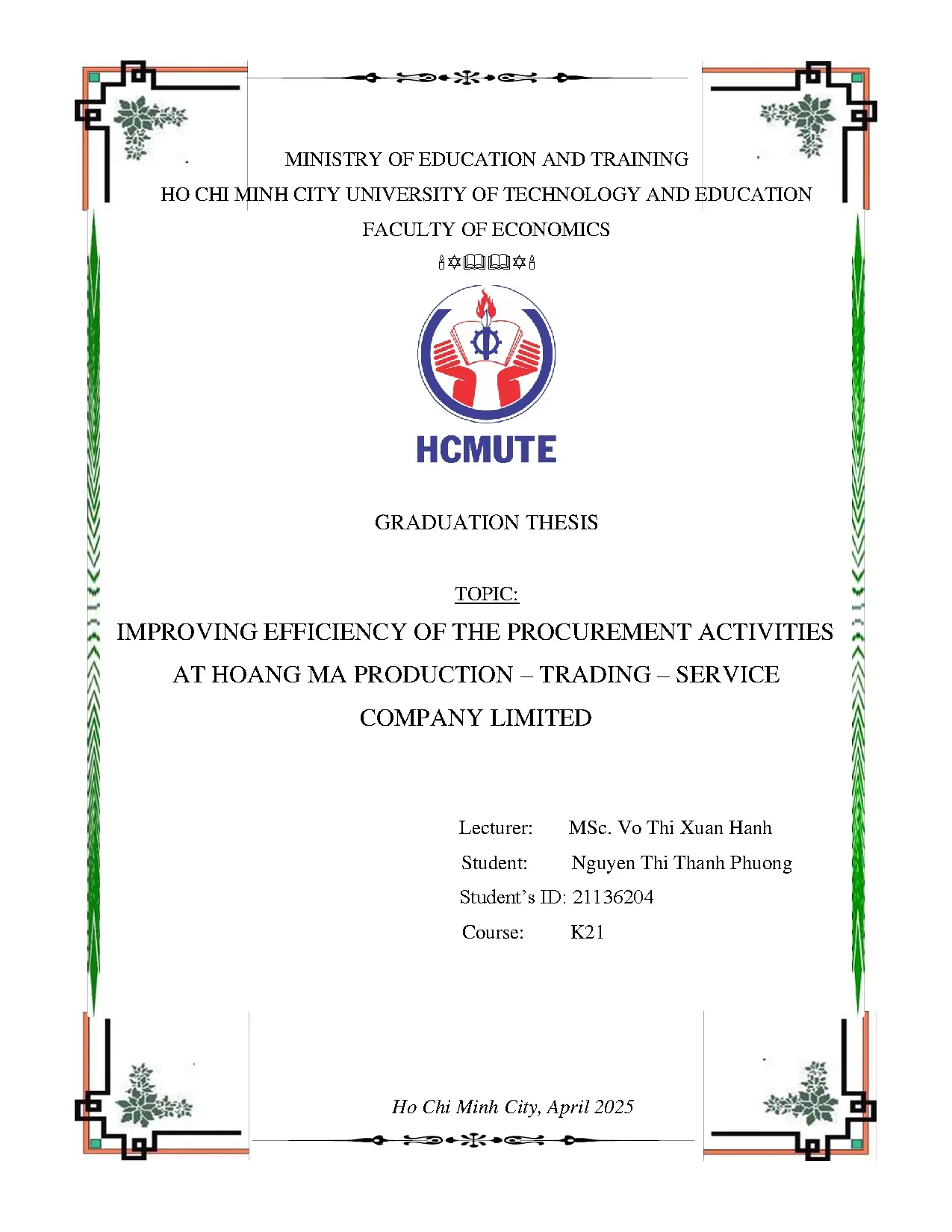 Đồ án tốt nghiệp - Improving efficiency of the procurement activities at Hoang Ma P - T - SCL