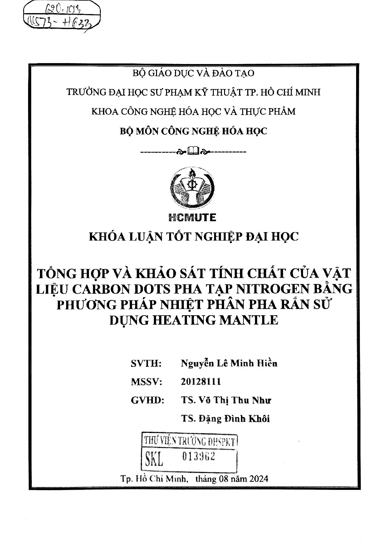 Đồ án tốt nghiệp - Tổng hợp và khảo sát tính chất của vật liệu Carbon dots pha tạp NBPPNPPRSDHM