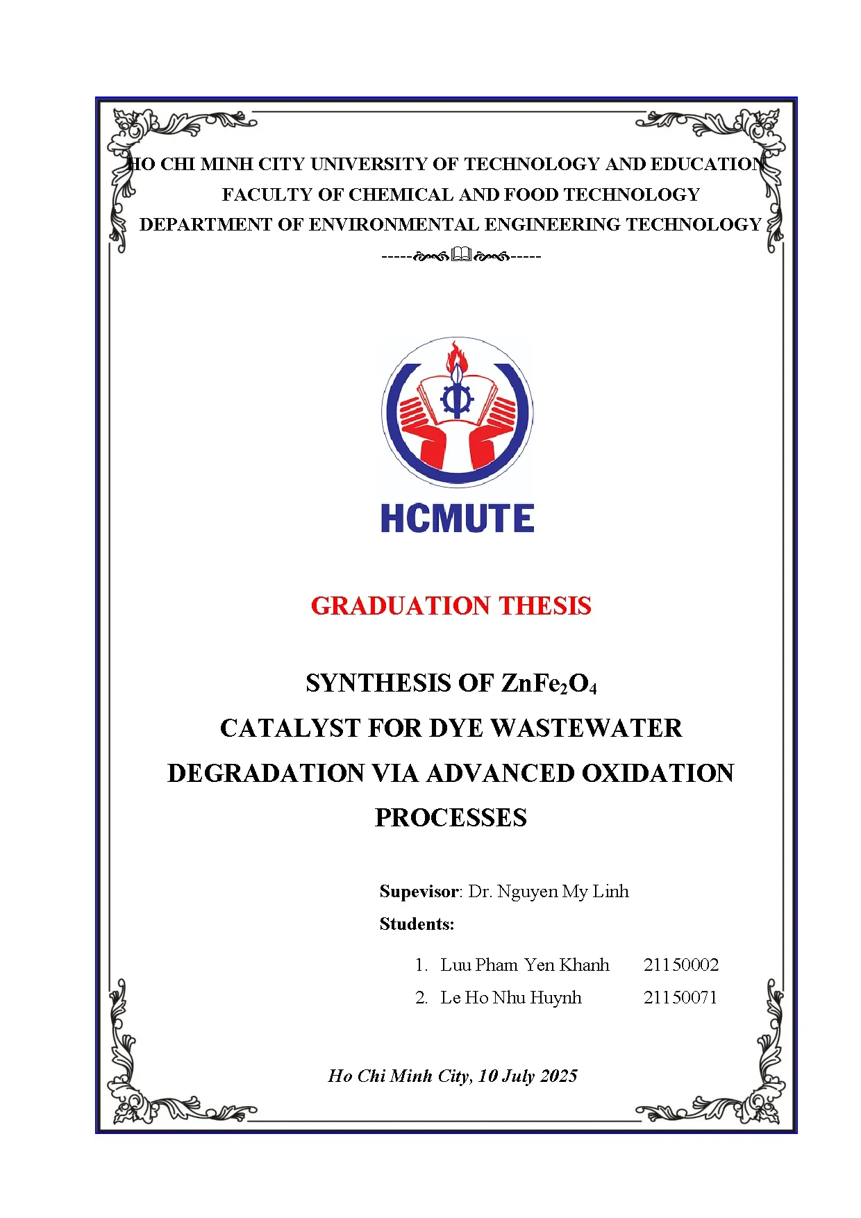 Đồ án tốt nghiệp - Synthesis of ZnFe2O4 catalyst for dye wastewater degradation via advanced OP