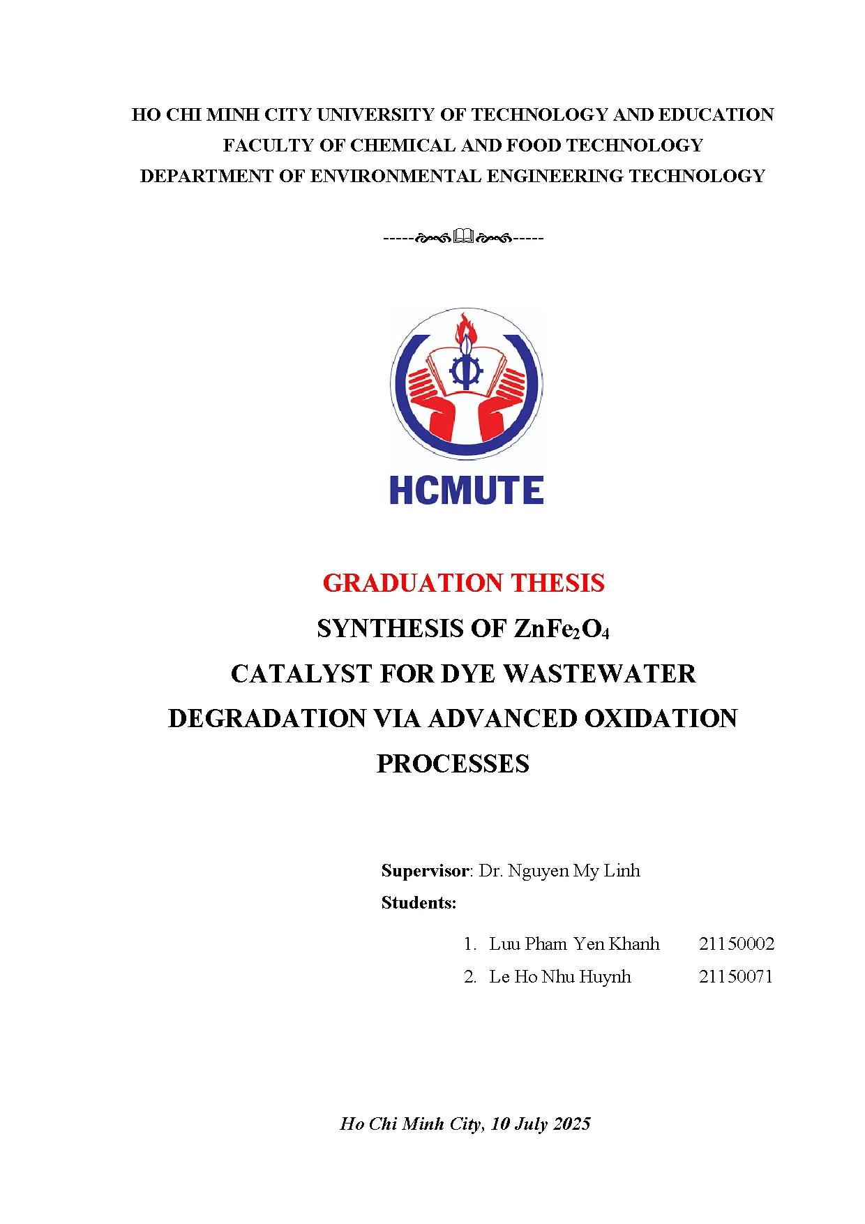 Đồ án tốt nghiệp - Synthesis of ZnFe2O4 catalyst for dye wastewater degradation via advanced OP - Trang 2