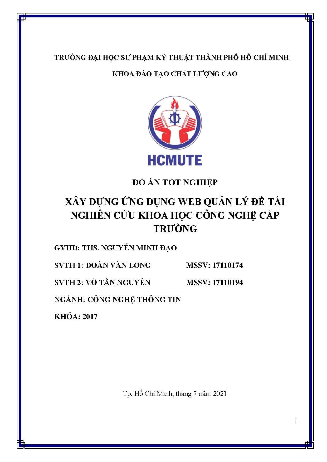 Đồ án tốt nghiệp - Xây dựng ứng dụng web quản lý đề tài nghiên cứu khoa học công NCTĐÁTNKĐTCLCNCNTT