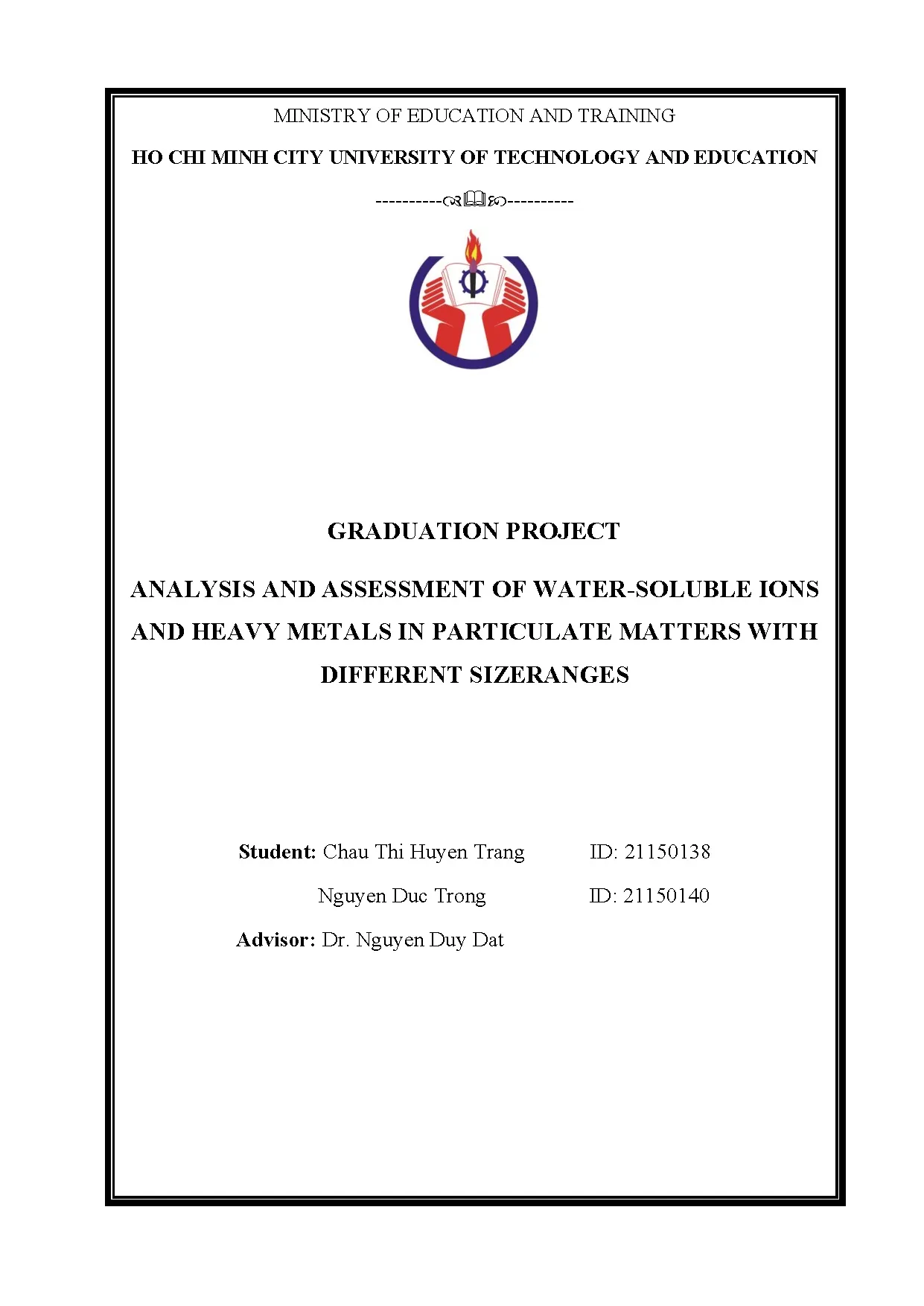 Đồ án tốt nghiệp - Analysis and assessment of water-soluble ions and heavy metals in PMWDS