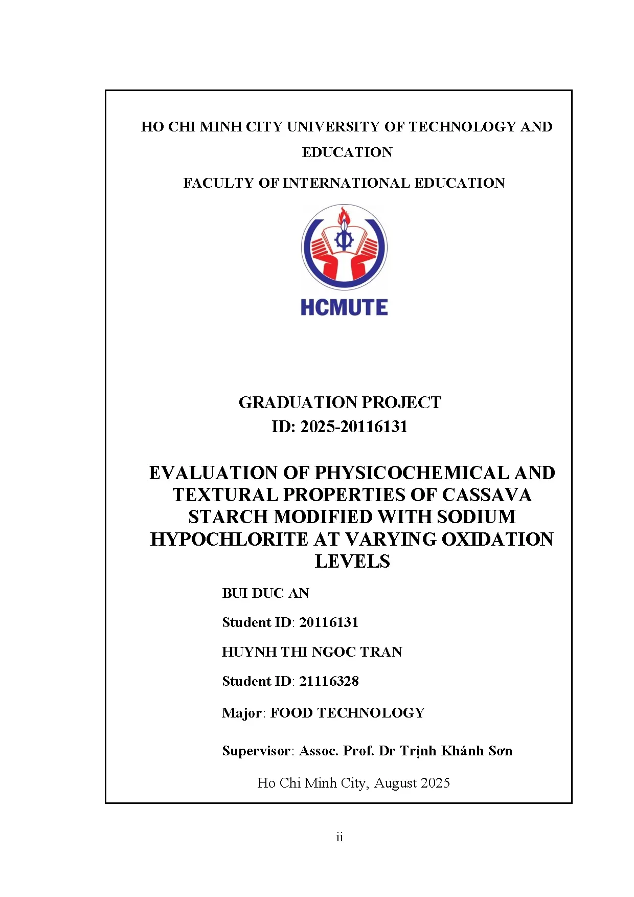 Đồ án tốt nghiệp - Evaluation of physicochemical and textural properties of cassava starch MWSHAVOL