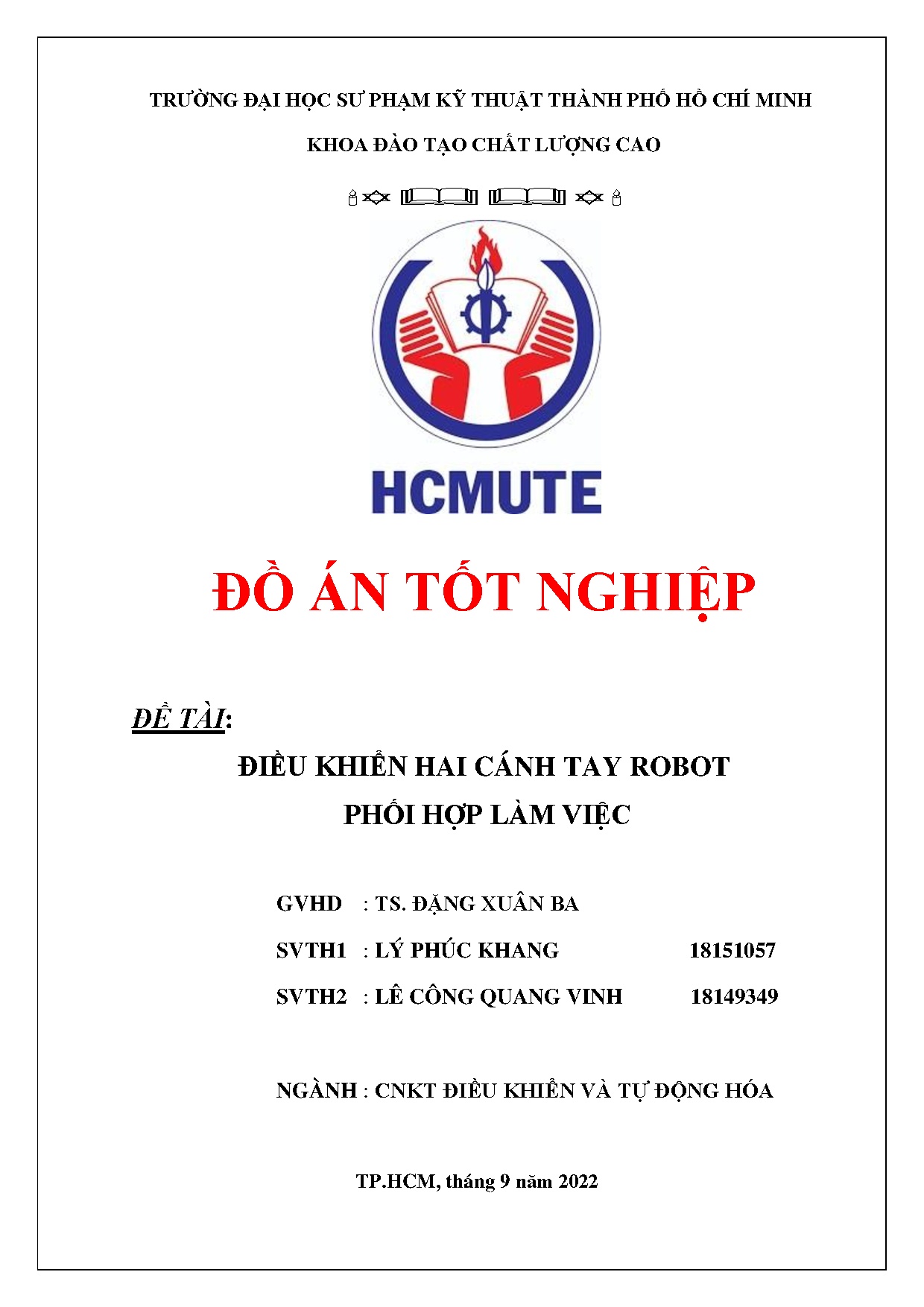 Đồ án tốt nghiệp - Điều khiển hai cánh tay robot phối hợp làm việc