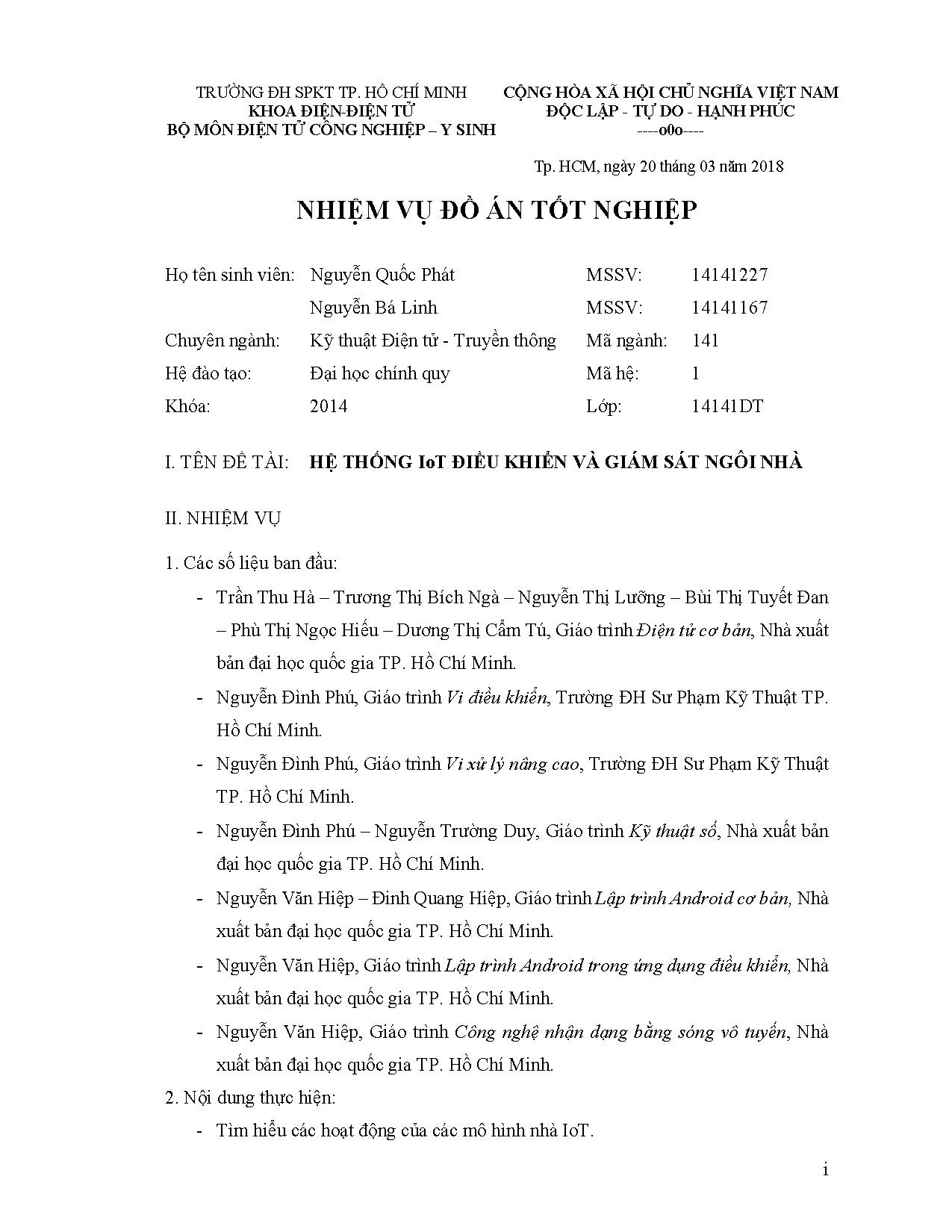 Đồ án tốt nghiệp - Hệ thống IoT điều khiển và giám sát ngôi nhà