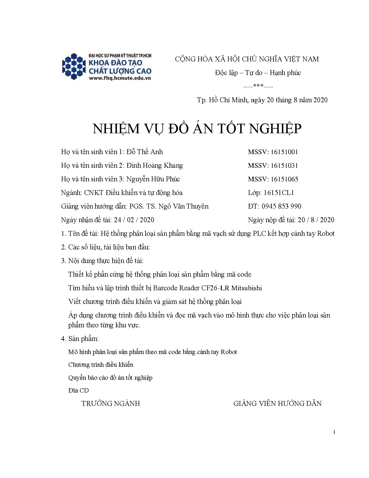 Đồ án tốt nghiệp - Thiết kế hệ thống phân loại bằng mã vạch sử dụng PLC kết hợp cánh tay Robot