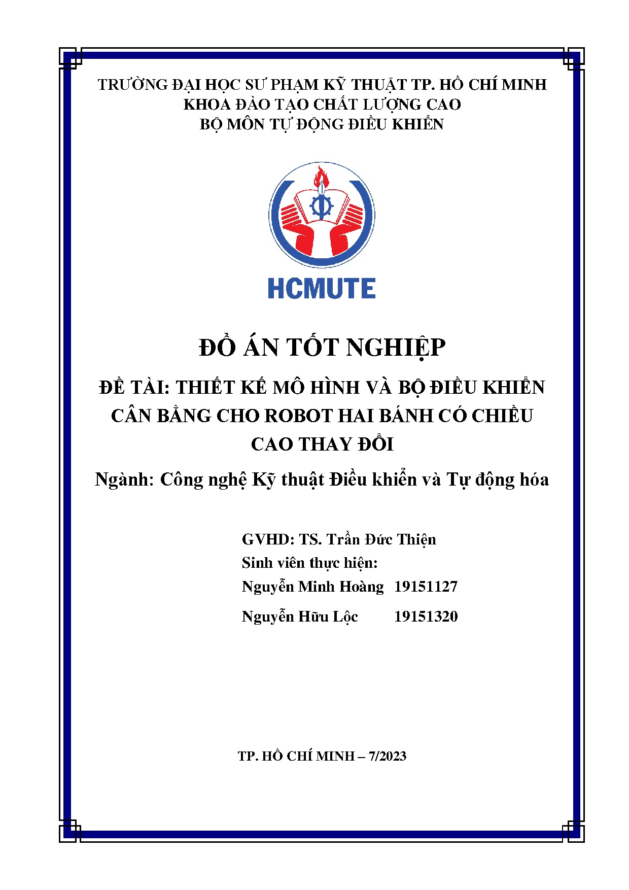 Đồ án tốt nghiệp - Thiết kế mô hình và bộ điều khiển cân bằng cho robot hai bánh có chiều cao thay Đ