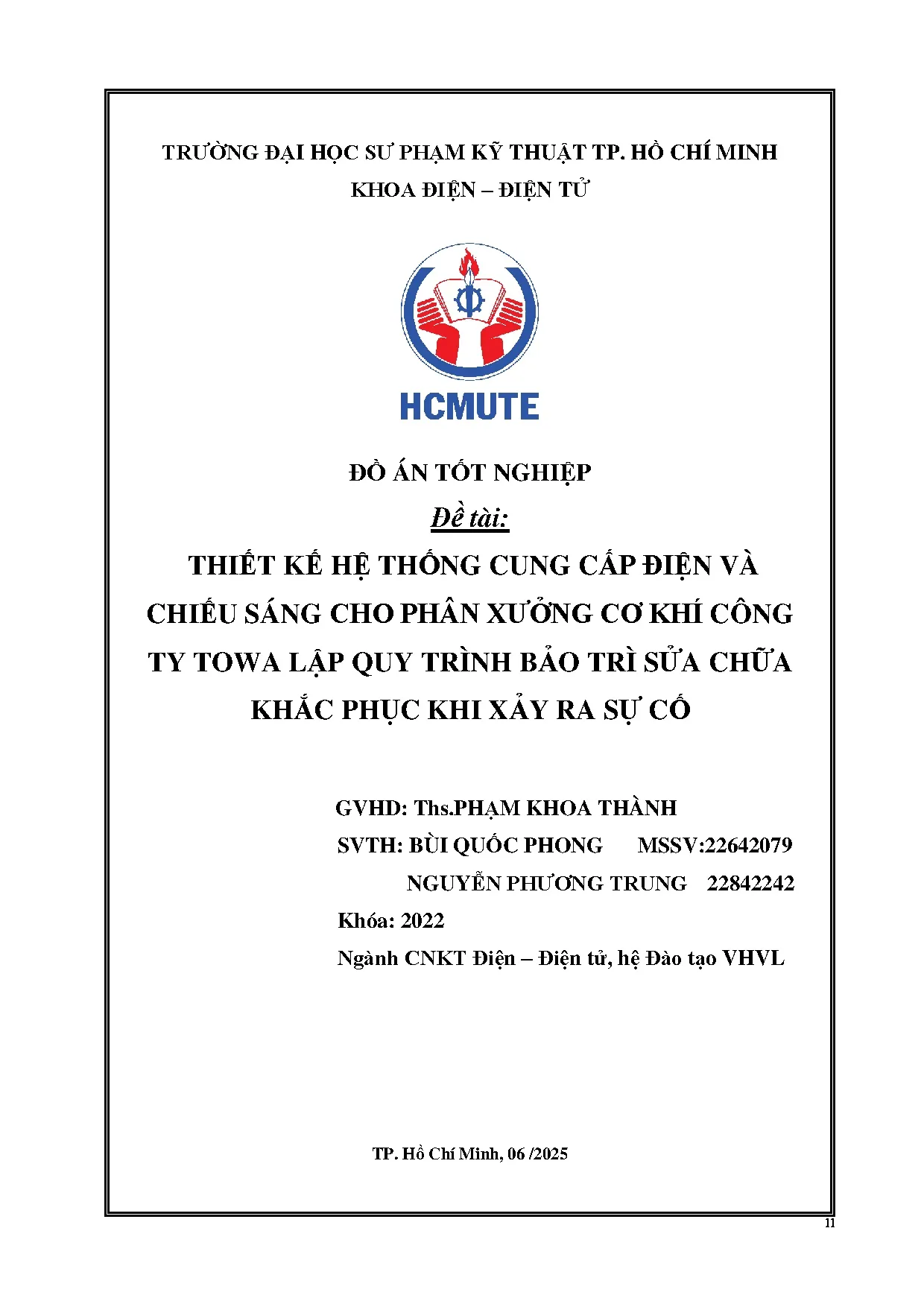 Đồ án tốt nghiệp - Thiết kế hệ thống cung cấp điện và chiếu sáng cho phân xưởng CKCTTLQTBTSCKPKXRSC