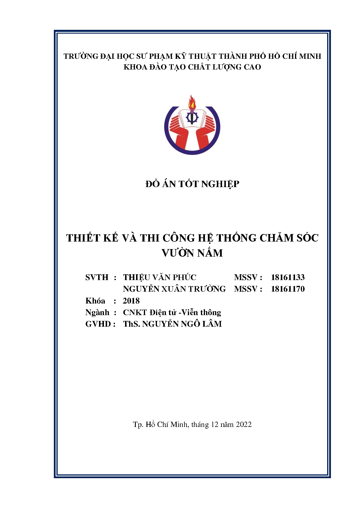 Đồ án tốt nghiệp - Thiết kế và thi công hệ thống chăm sóc vườn nấm