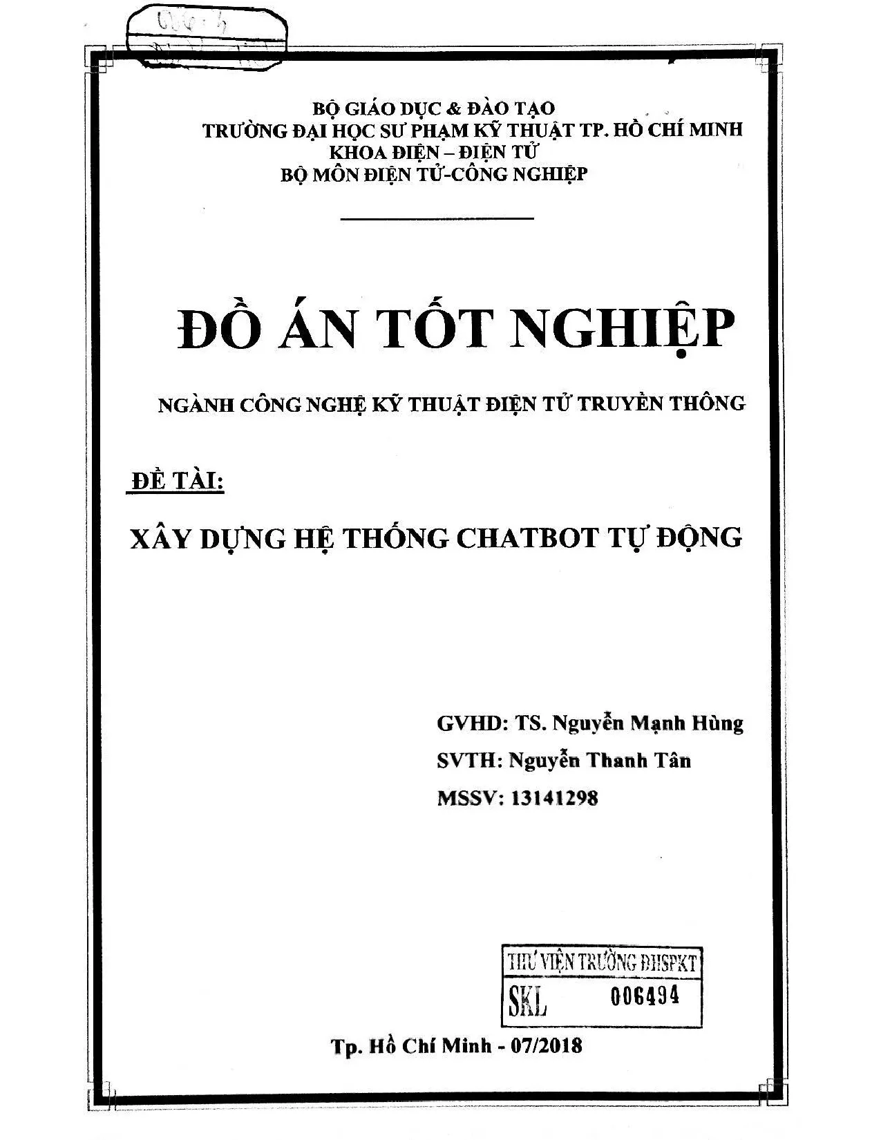 Đồ án tốt nghiệp - Xây dựng hệ thống Chatbot tự động