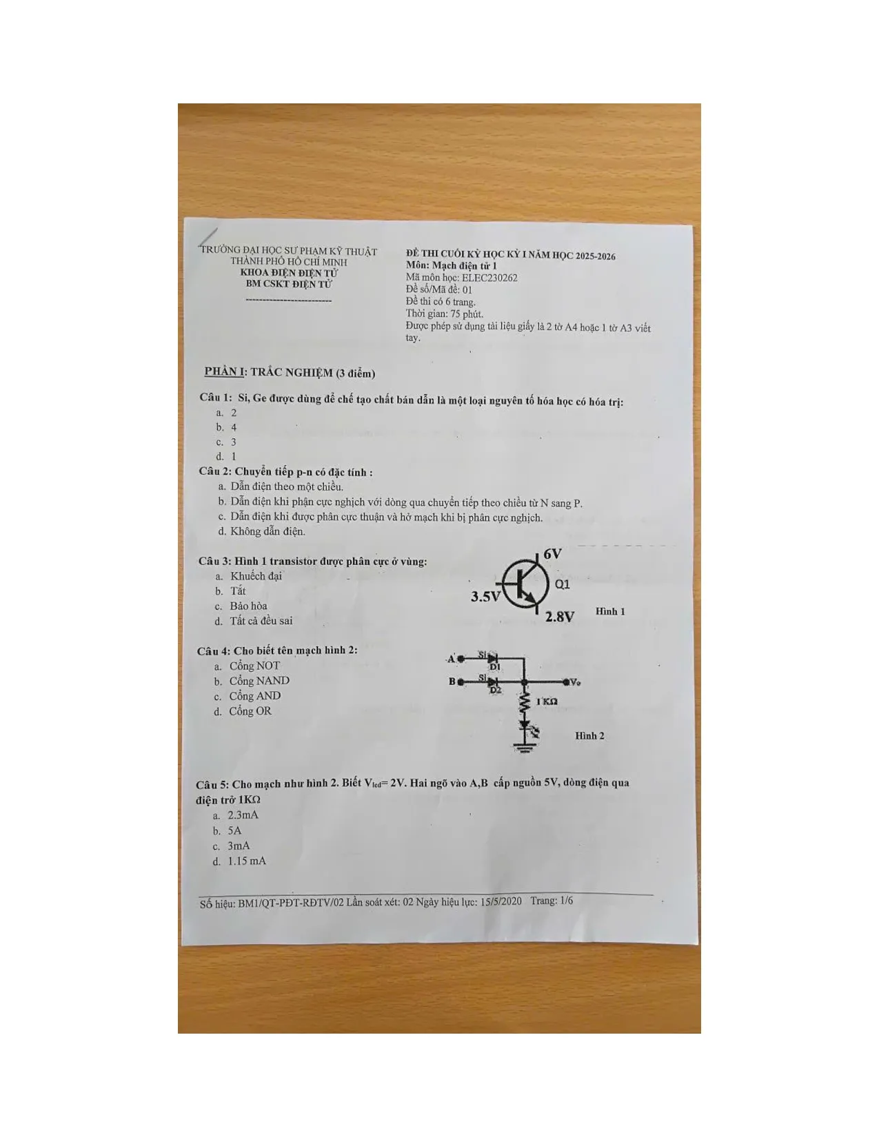 ĐỀ 1 mạch điện tử 1