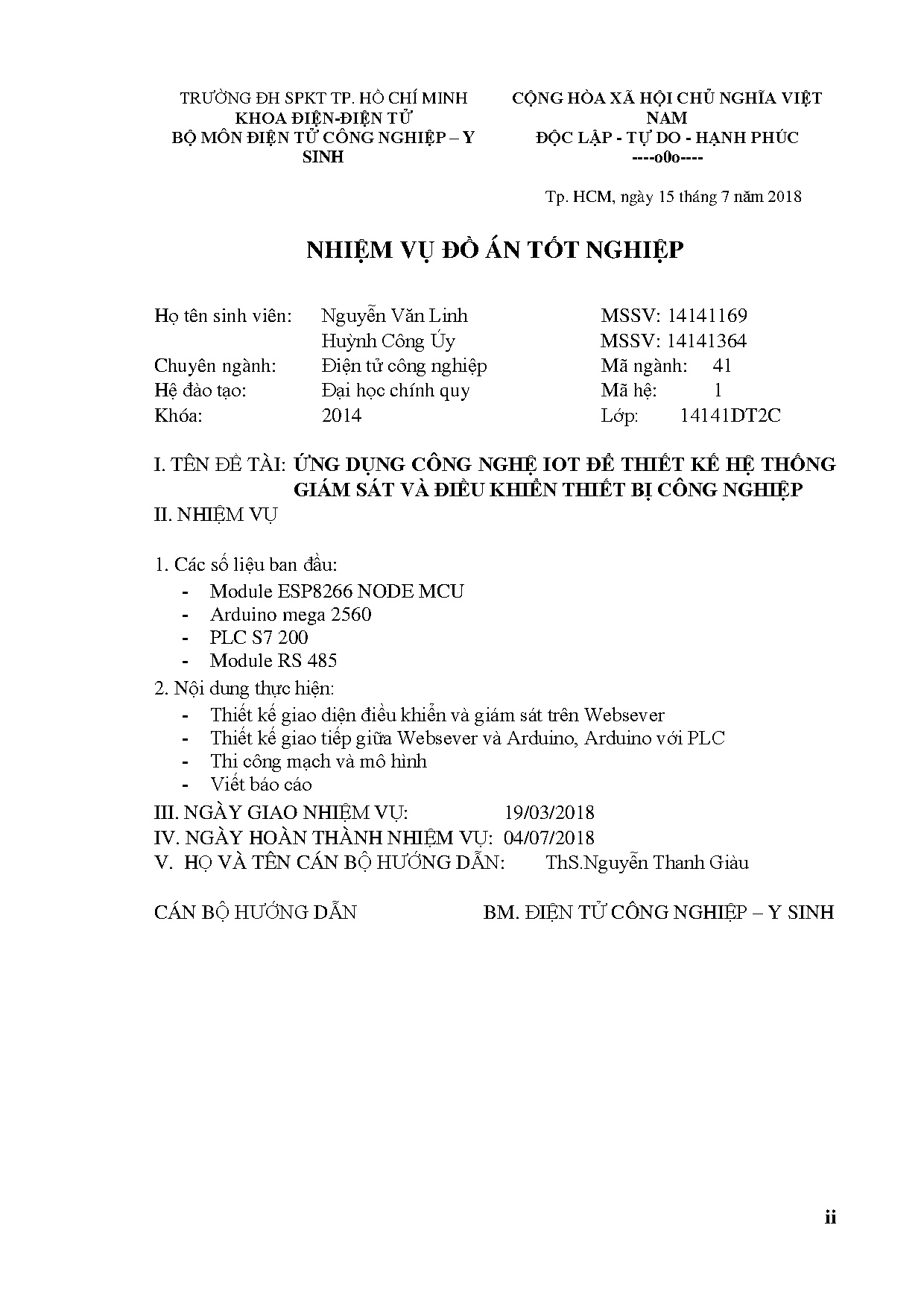 Đồ án tốt nghiệp - Ứng dụng công nghệ IoT để thiết kế hệ thống giám sát và điều khiển thiết bị TCN