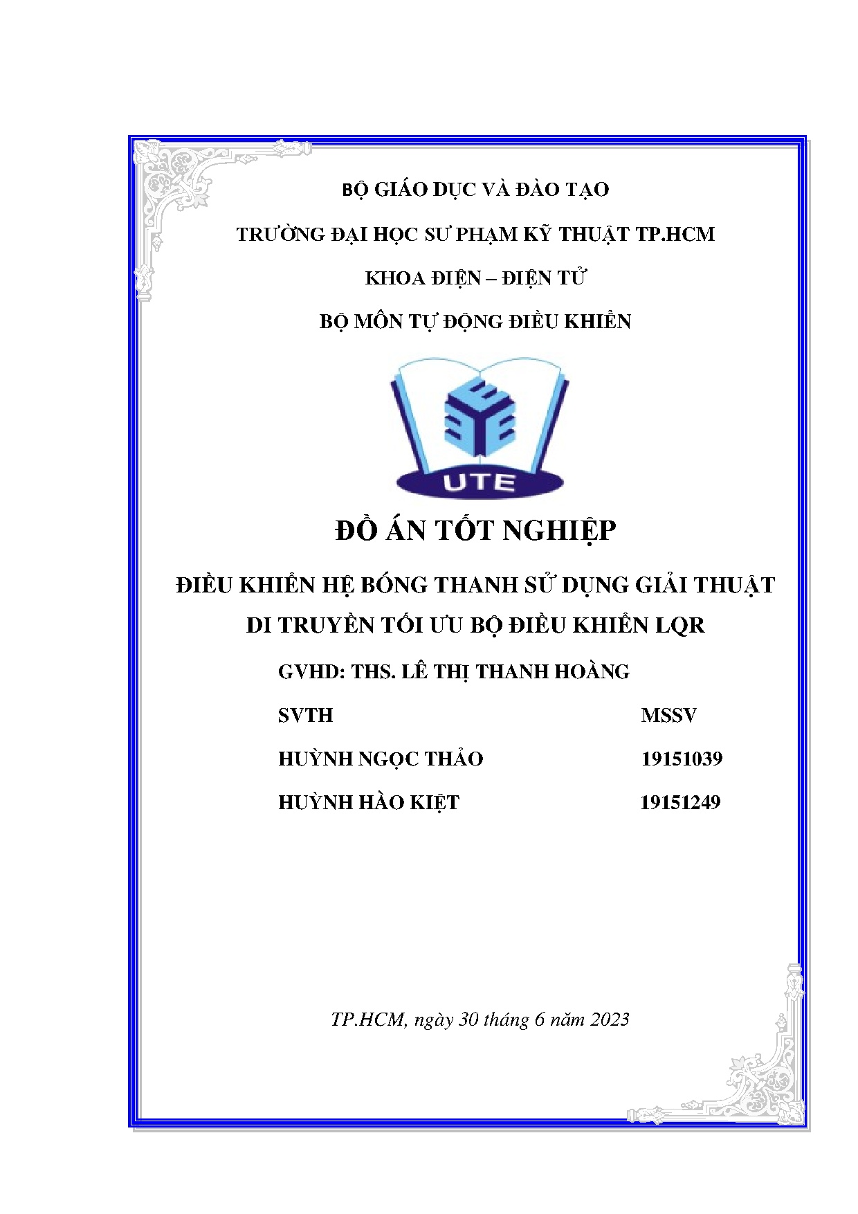 Đồ án tốt nghiệp - Điều khiển hệ bóng thanh sử dụng giải thuật di truyền tối ưu bộ điều khiển LQR