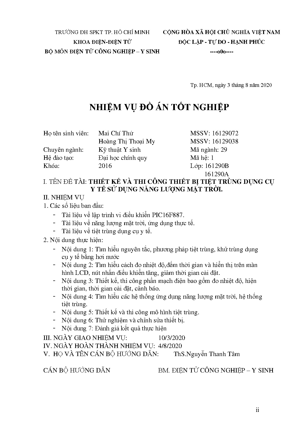 Đồ án tốt nghiệp - Thiết kế và thi công thiết bị tuyệt trùng dụng cụ y tế sử dụng năng lượng mặt T