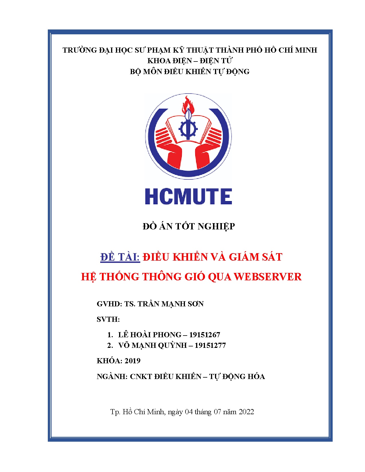 Đồ án tốt nghiệp - Điều khiển và giám sát hệ thống thông gió qua webserver