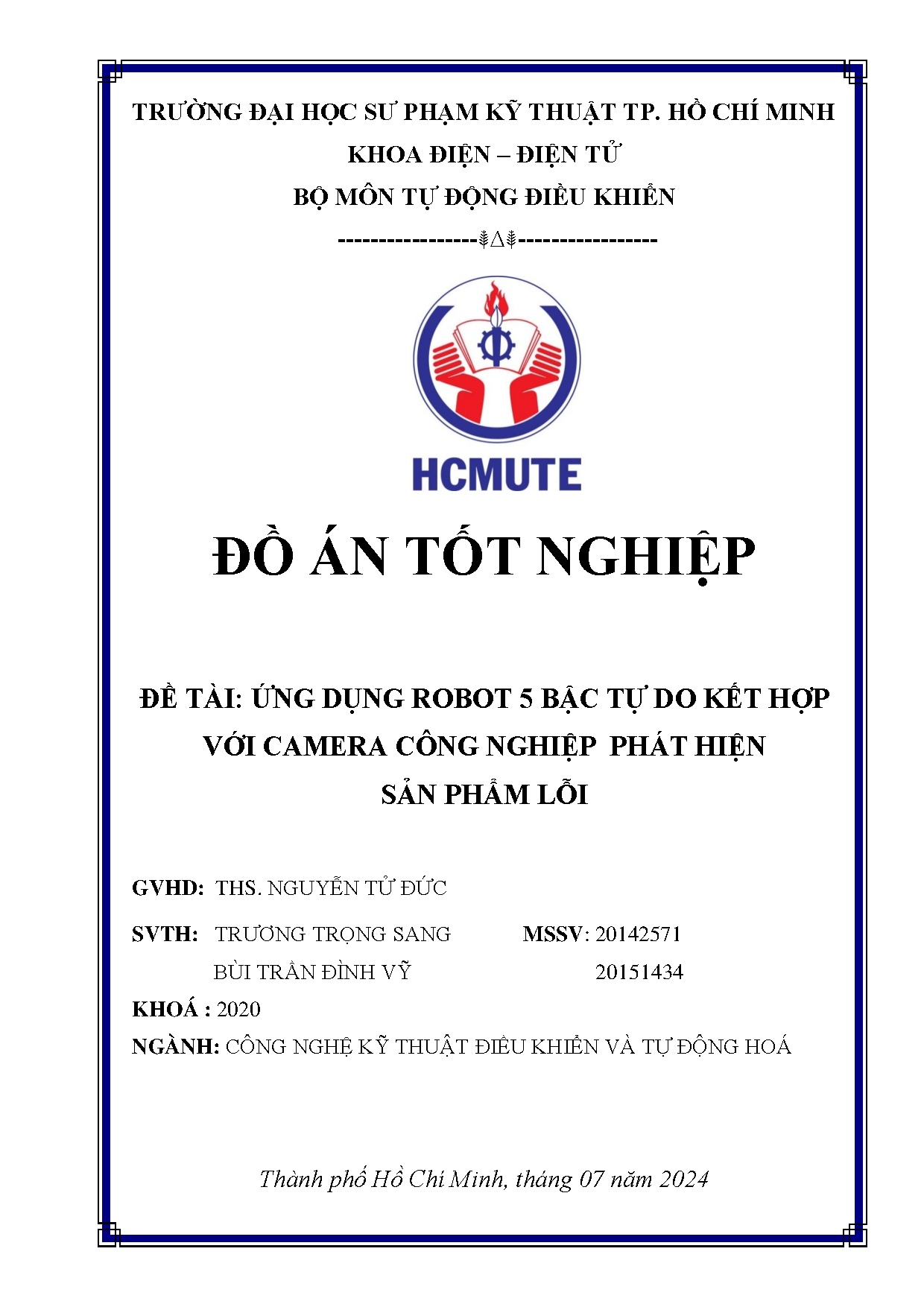 Đồ án tốt nghiệp - Ứng dụng robot 5 bậc tự do kết hợp với camera công nghiệp phát triển sản phẩm lỗi